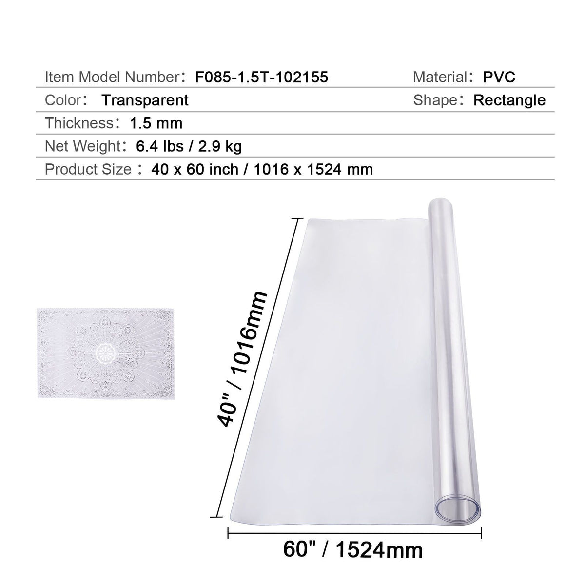 Plastic Table Cover, 40 x 60 Inch 1.5 mm Thick Clear Table Protector, Rectangle PVC Desk Mat, Waterproof & Easy Cleaning Desk Pad Tablecloth, for Office Dresser Dining Room Table Night Stand