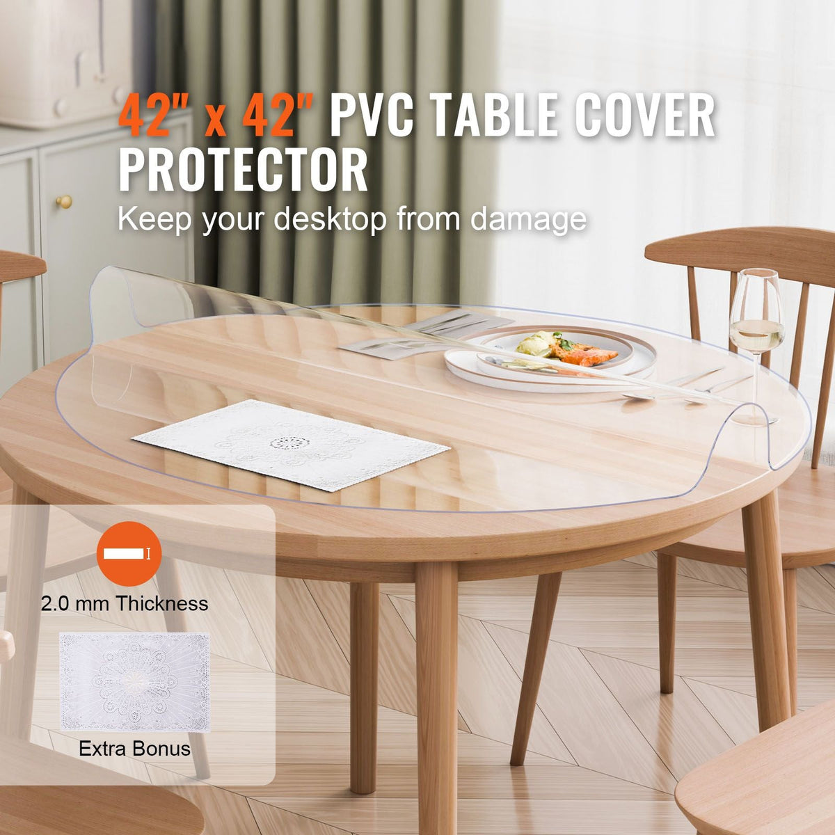 Plastic Table Cover, 42 x 42 Inch 2.0 mm Thick Clear Table Protector, Round PVC Desk Mat, Waterproof & Easy Cleaning Desk Pad Tablecloth, for Office Dresser Dining Room Table Night Stand