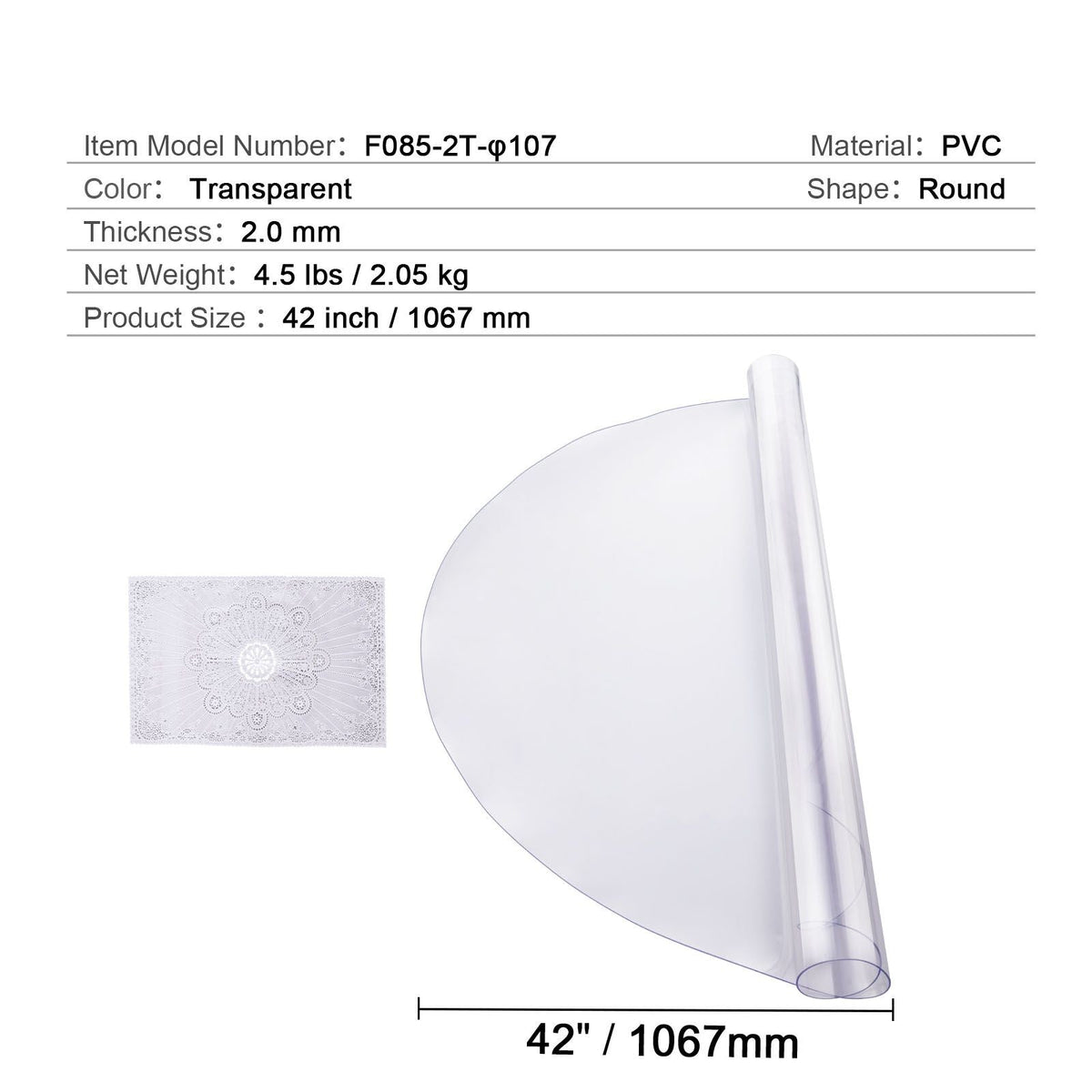 Plastic Table Cover, 42 x 42 Inch 2.0 mm Thick Clear Table Protector, Round PVC Desk Mat, Waterproof & Easy Cleaning Desk Pad Tablecloth, for Office Dresser Dining Room Table Night Stand