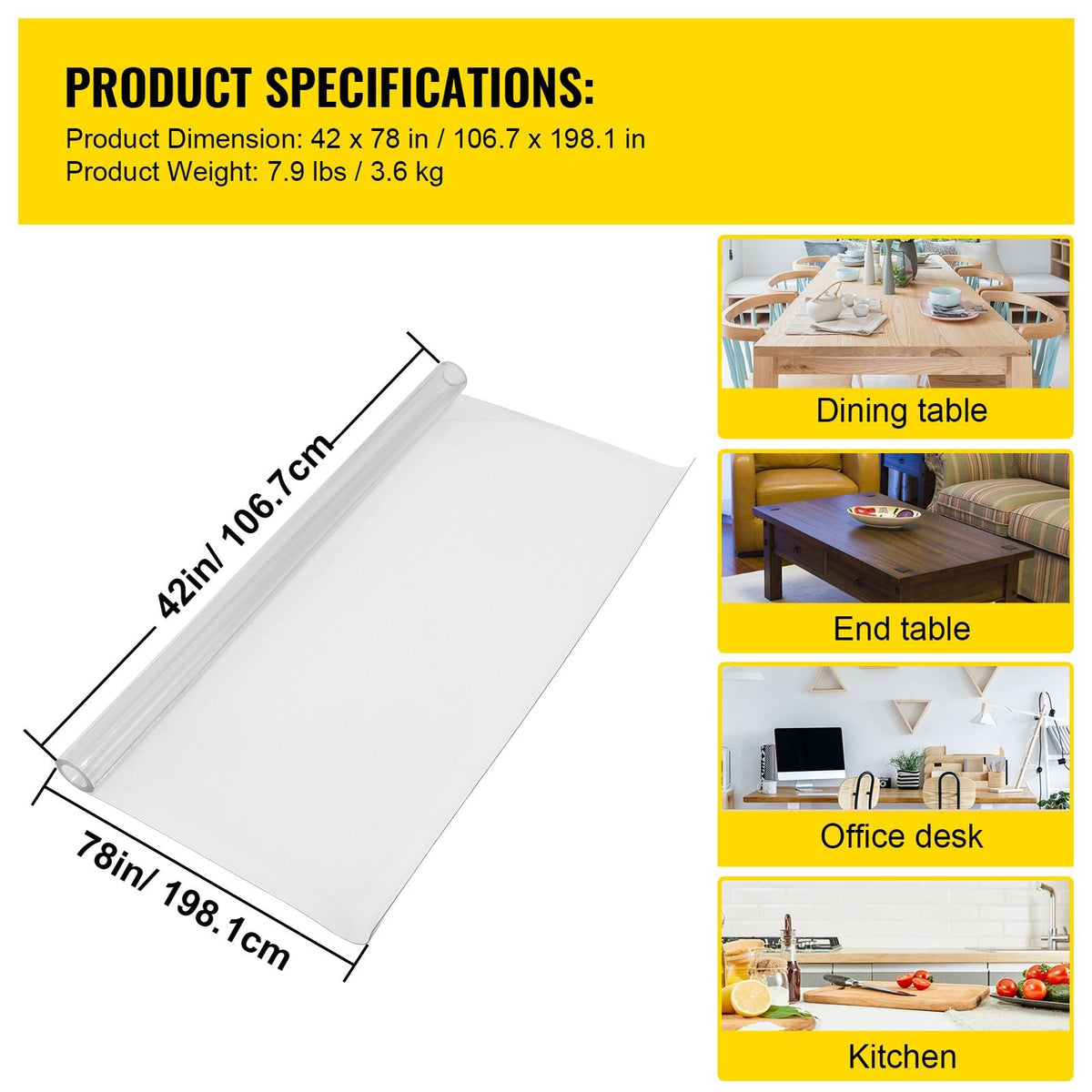 Plastic Table Cover 42 x 78 Inch, 1.5 mm Thick Clear Table Protector, Rectangle Clear Desk Mat, Waterproof & Easy Cleaning for Office Dresser Night Stand