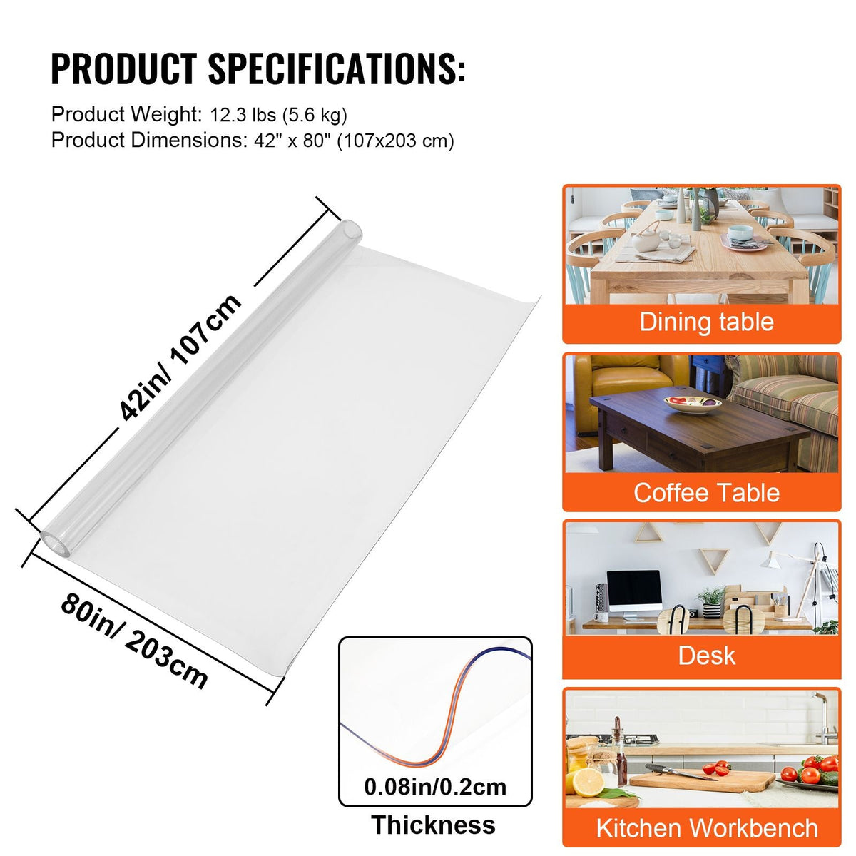 Plastic Table Cover, 42"x80"x0.08", Transparent PVC Table Protector, Rectangle Clear Desk Mat, Water Oil Proof Table Cover for Dining Table Coffer Table Kitchen Worktable Dresser Cabinet, etc.