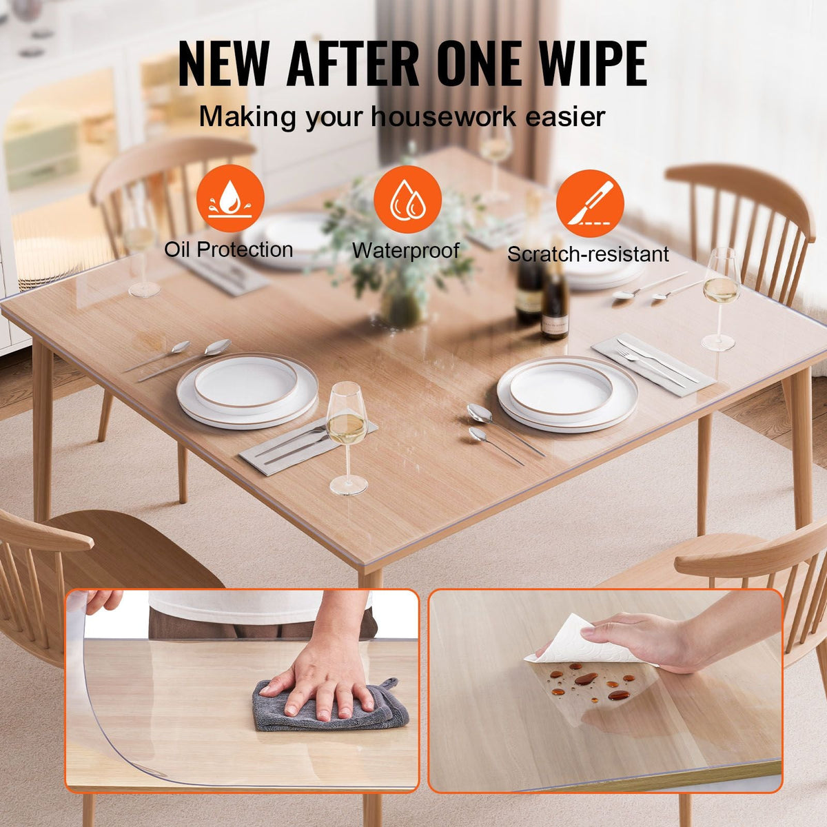 Plastic Table Cover, 54 x 54 Inch 1.5 mm Thick Clear Table Protector, Square PVC Desk Mat, Waterproof & Easy Cleaning Desk Pad Tablecloth, for Office Dresser Dining Room Table Night Stand
