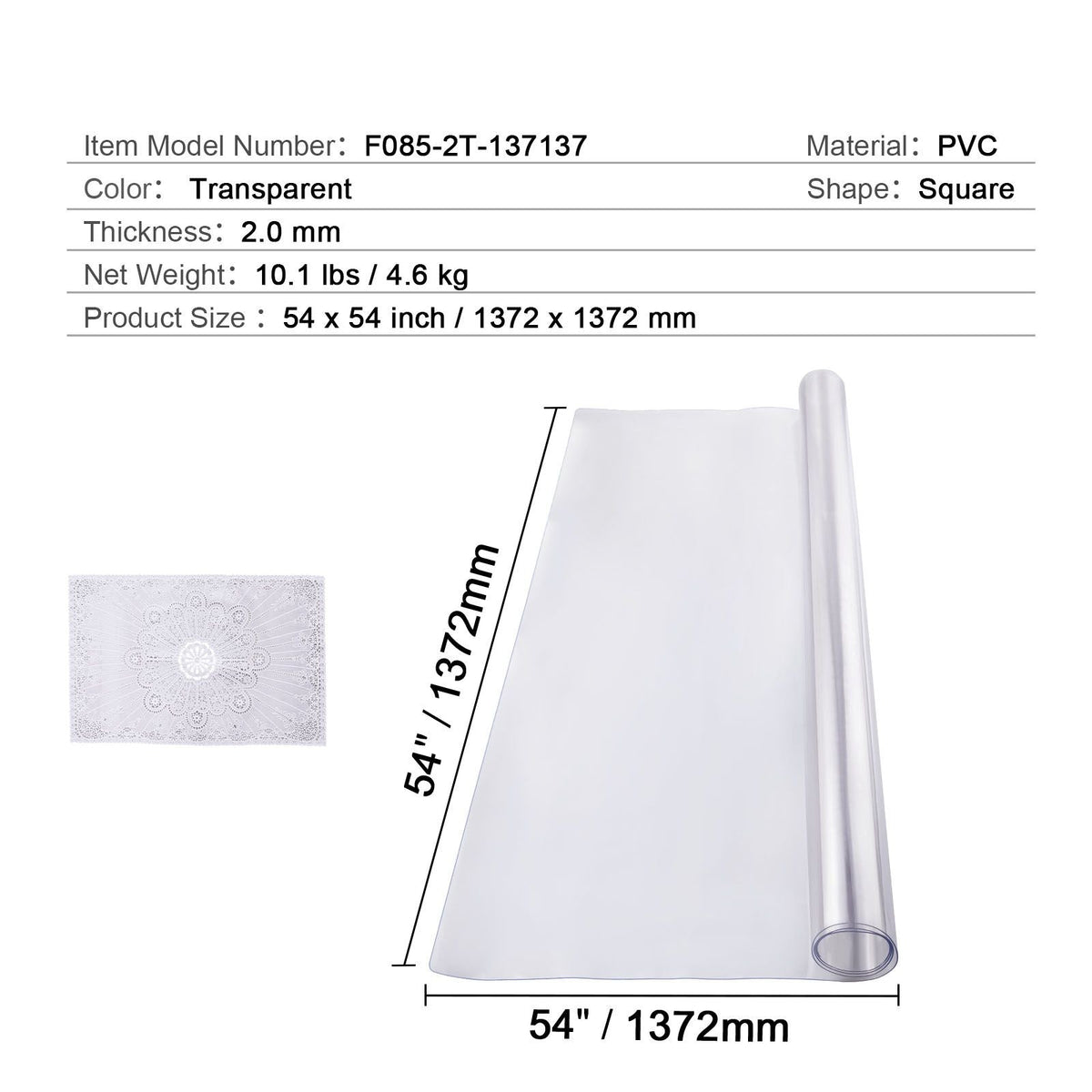 Plastic Table Cover, 54 x 54 Inch 2.0 mm Thick Clear Table Protector, Square PVC Desk Mat, Waterproof & Easy Cleaning Desk Pad Tablecloth, for Office Dresser Dining Room Table Night Stand