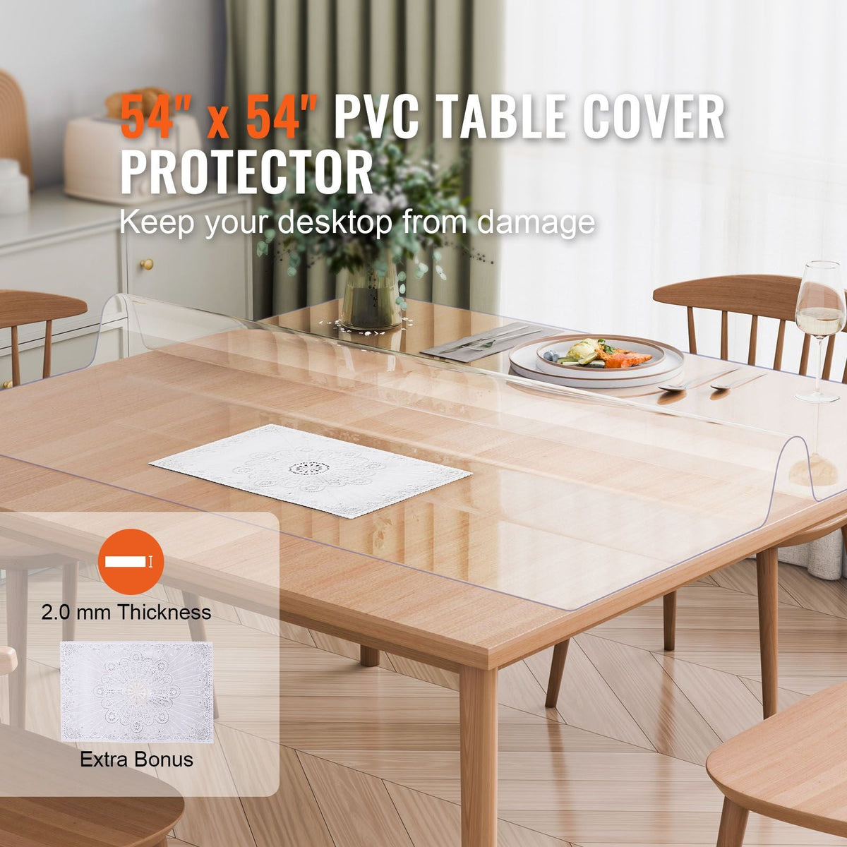 Plastic Table Cover, 54 x 54 Inch 2.0 mm Thick Clear Table Protector, Square PVC Desk Mat, Waterproof & Easy Cleaning Desk Pad Tablecloth, for Office Dresser Dining Room Table Night Stand