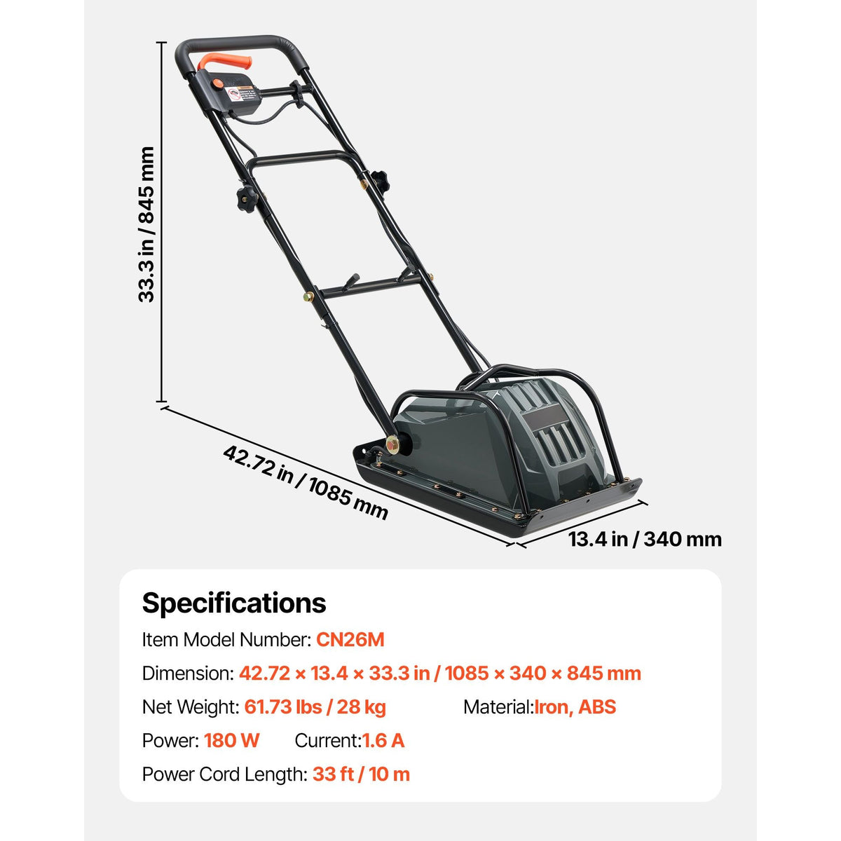 Plate Compactor, 130W Output Electric Ground Rammer, 5 kN Force, 3.9 in Depth, 16 m/min Speed, 3304 sq.ft/h Efficiency, Gas Powered Soil Compaction Machine for Driveway, Pavement, Landscaping