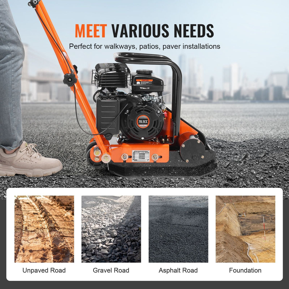 Plate Compactor, 2.8 HP 98CC Gas Engine 5,250 RPM, 1,920 lbs Force Vibratory Compaction Tamper with 18.7 x 11.8 inch Plate for Walkways, Patios, Asphalts, Paver Landscaping, EPA Compliant