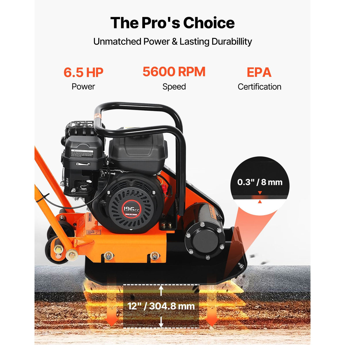 Plate Compactor, 6.5 HP 196CC Gas Engine, 5600 VPM Vibrating Ground Rammer, 2360 lbs Compaction Force, 20.1 x 15 in Plate, Walk Behind Compactor for Paver Landscaping, Asphalt, Foundation, Soil