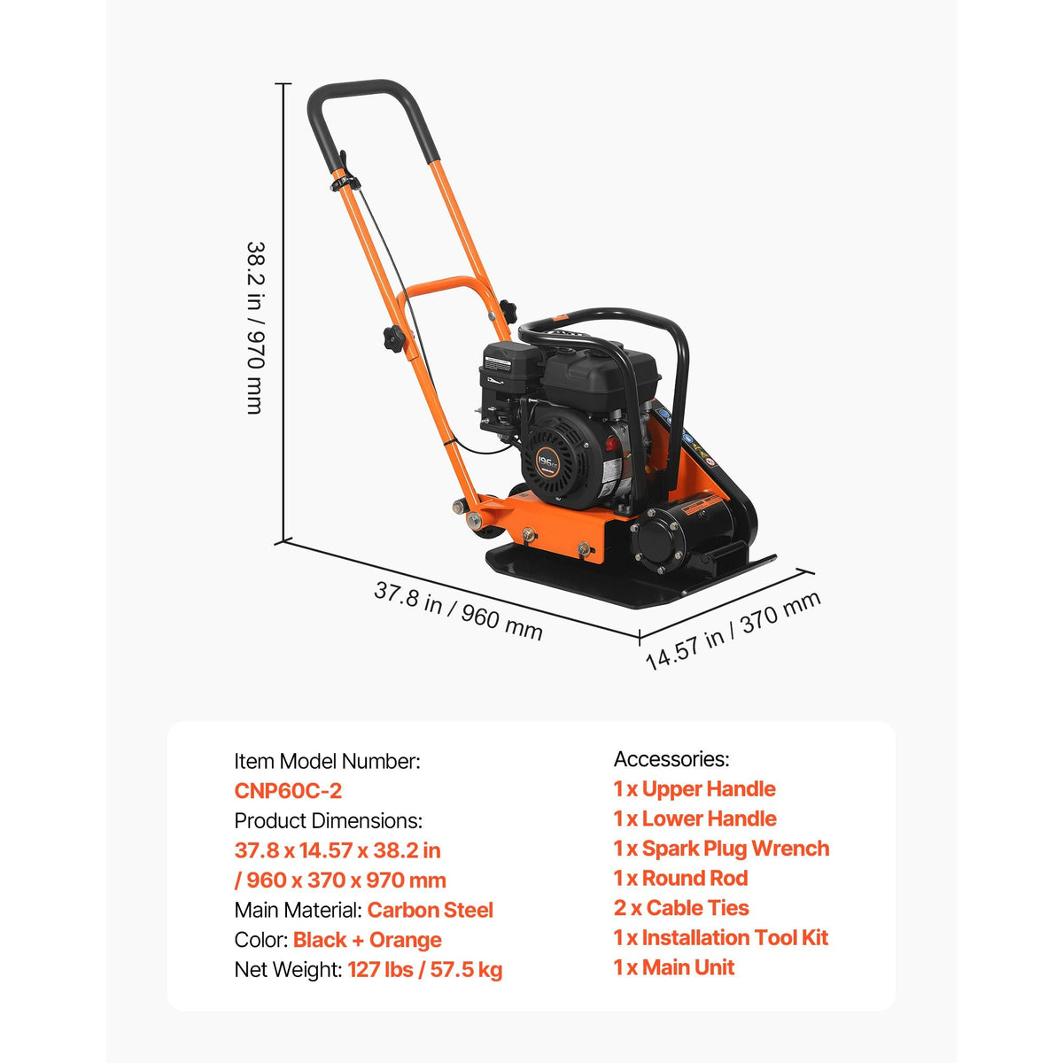 Plate Compactor, 6.5 HP 196CC Gas Engine, 5600 VPM Vibrating Ground Rammer, 2360 lbs Compaction Force, 20.1 x 15 in Plate, Walk Behind Compactor for Paver Landscaping, Asphalt, Foundation, Soil