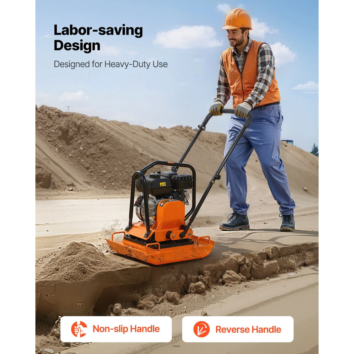 Plate Compactor, 7 HP 196CC Gas Engine, 5400 VPM Vibrating Ground Rammer, 4440 lbs Compaction Force, 23 x 18 in Plate, Walk Behind Compactor for Paver Landscaping, Asphalt, Foundation, Soil