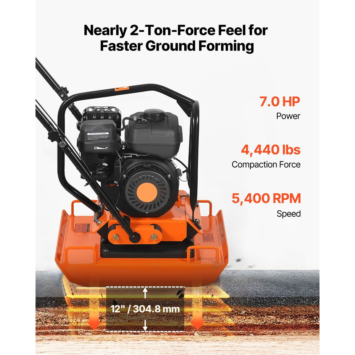 Plate Compactor, 7 HP 196CC Gas Engine, 5400 VPM Vibrating Ground Rammer, 4440 lbs Compaction Force, 23 x 18 in Plate, Walk Behind Compactor for Paver Landscaping, Asphalt, Foundation, Soil