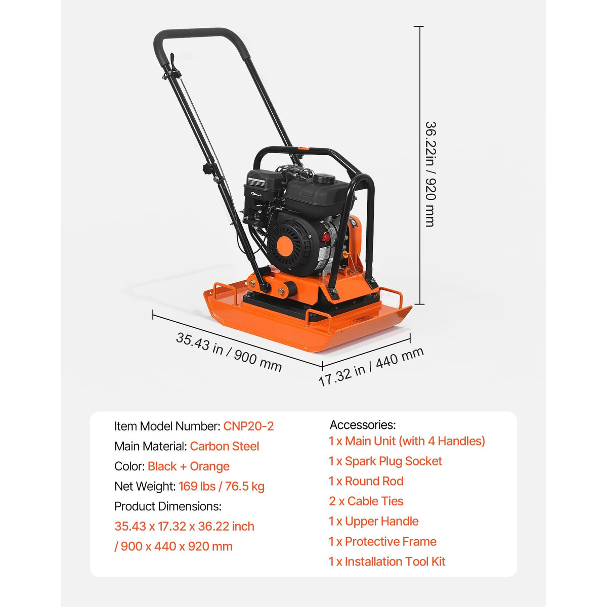 Plate Compactor, 7 HP 196CC Gas Engine, 5400 VPM Vibrating Ground Rammer, 4440 lbs Compaction Force, 23 x 18 in Plate, Walk Behind Compactor for Paver Landscaping, Asphalt, Foundation, Soil