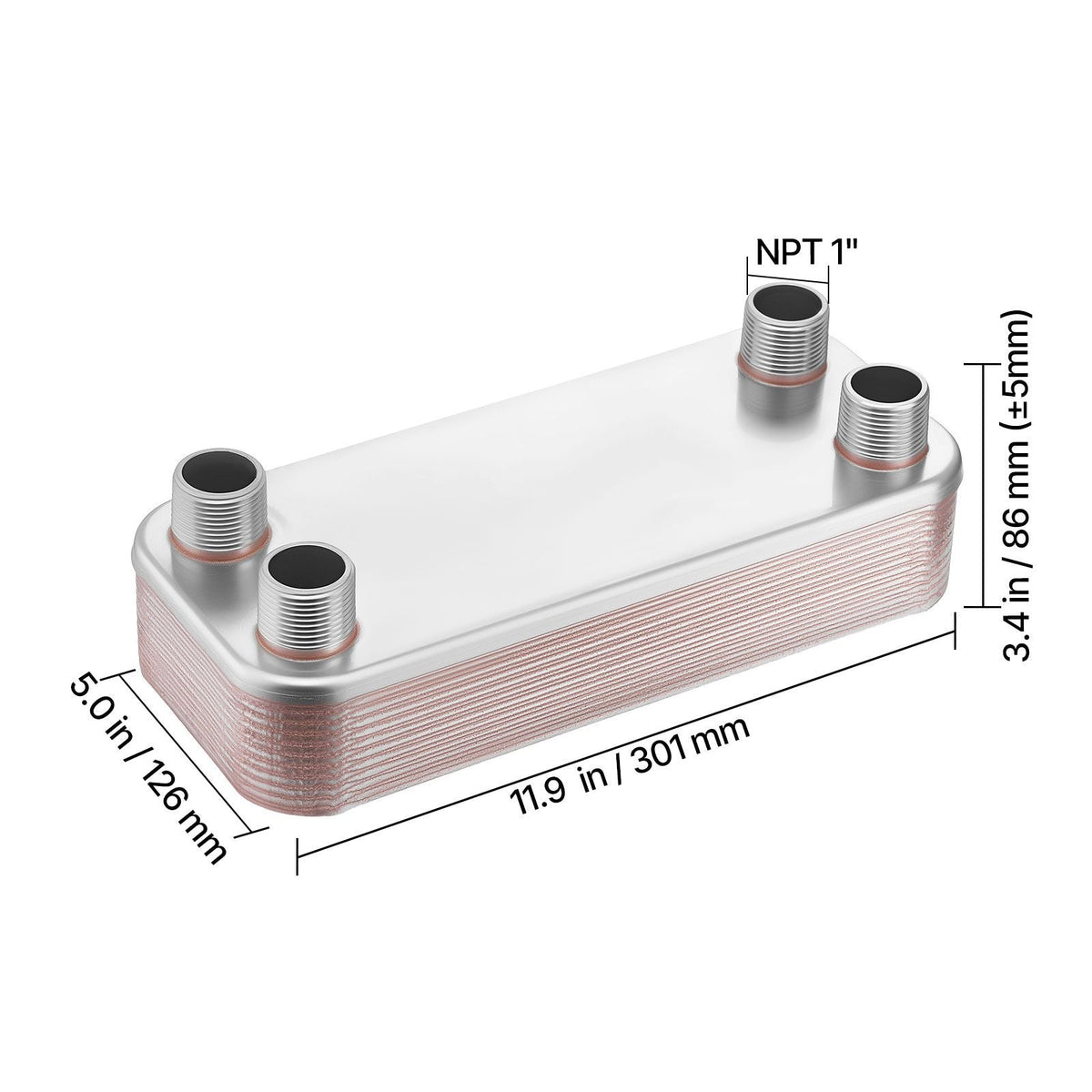 Plate Heat Exchanger, 5 x 12 in Brazed Plate Water to Water Heat Exchanger with 20 Plates, Mounting Bracket, Sturdy Stainless Steel Construction, 170-330K BTU for Boiler, Radiant Floor Heating