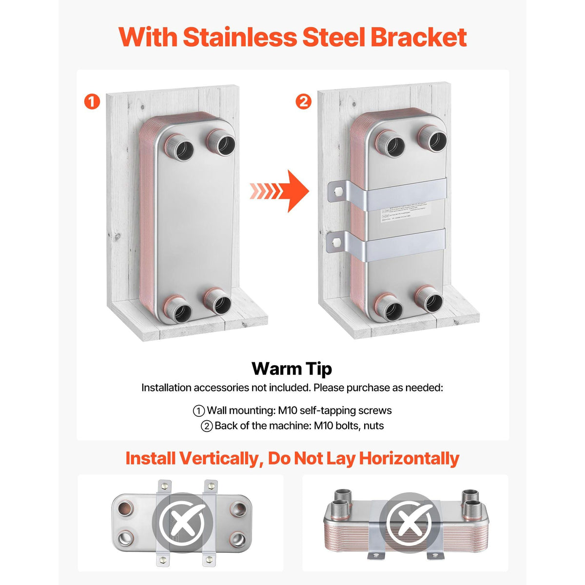 Plate Heat Exchanger, 5 x 12 in Brazed Plate Water to Water Heat Exchanger with 20 Plates, Mounting Bracket, Sturdy Stainless Steel Construction, 170-330K BTU for Boiler, Radiant Floor Heating