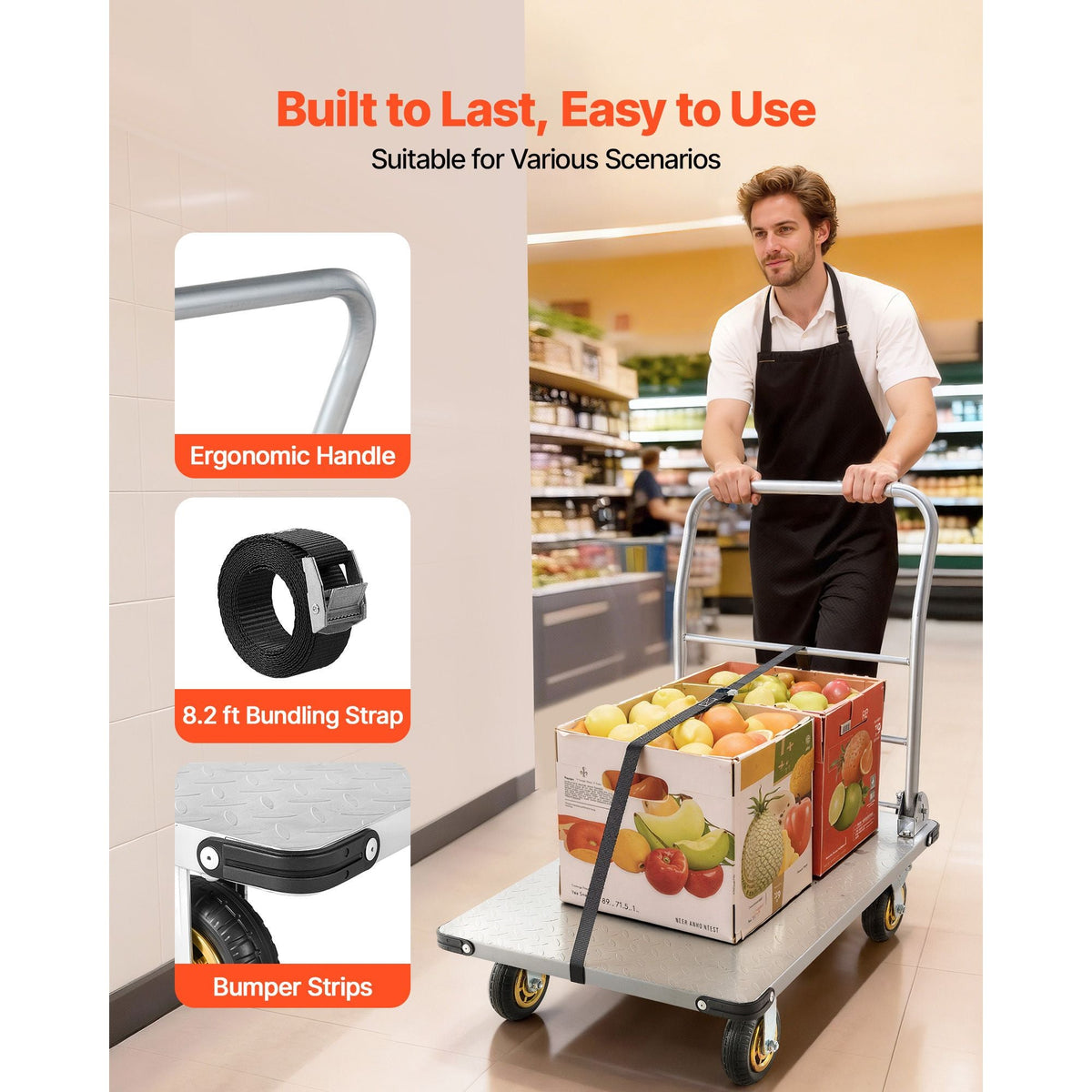 Platform Truck, 2000 lbs Capacity, Heavy Duty Steel Flatbed Cart with Swivel Wheels and Handle, Foldable Platform Hand Push Truck Dolly, for Groceries, Garage, Warehouse, 35.4 x 23.6 x 35.4 in