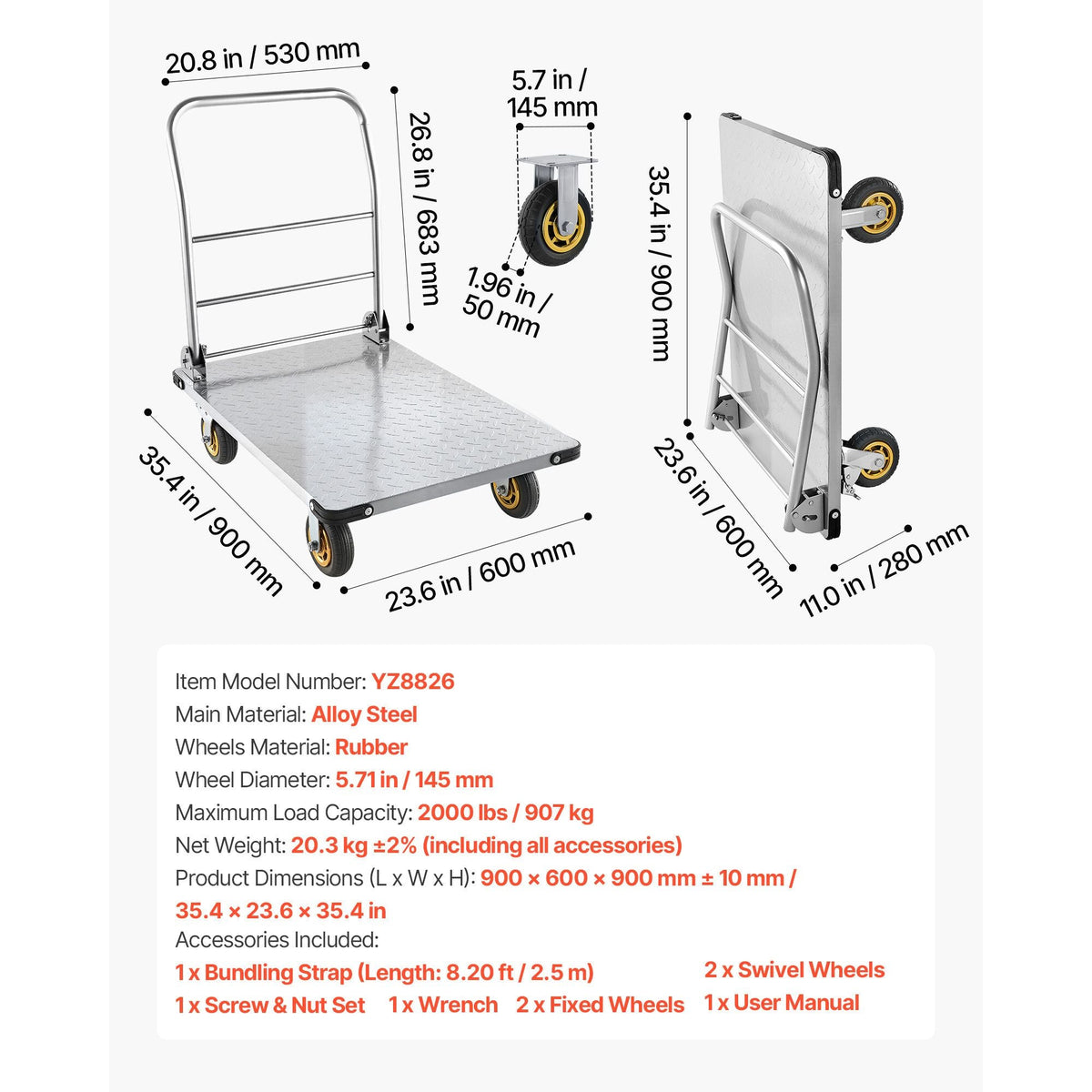 Platform Truck, 2000 lbs Capacity, Heavy Duty Steel Flatbed Cart with Swivel Wheels and Handle, Foldable Platform Hand Push Truck Dolly, for Groceries, Garage, Warehouse, 35.4 x 23.6 x 35.4 in