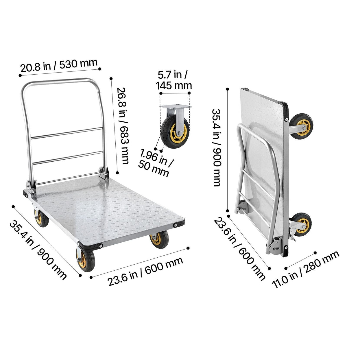 Platform Truck, 2000 lbs Capacity, Heavy Duty Steel Flatbed Cart with Swivel Wheels and Handle, Foldable Platform Hand Push Truck Dolly, for Groceries, Garage, Warehouse, 35.4 x 23.6 x 35.4 in