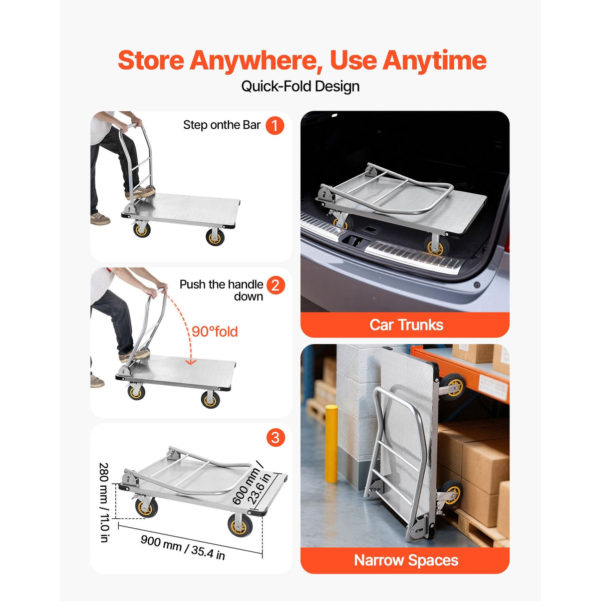 Platform Truck, 2000 lbs Capacity, Heavy Duty Steel Flatbed Cart with Swivel Wheels and Handle, Foldable Platform Hand Push Truck Dolly, for Groceries, Garage, Warehouse, 35.4 x 23.6 x 35.4 in