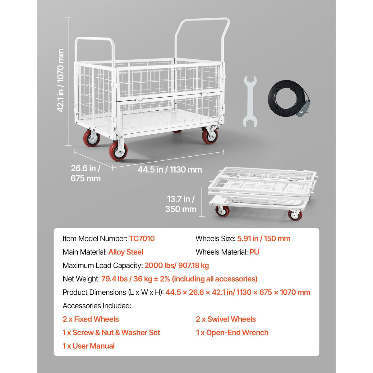 Platform Truck Cart with Cage, 2000 lbs Capacity, 6-in-1 Foldable Flatbed Cart with Swivel Wheels, Heavy Duty Hand Truck, Multi-Functional Push Dolly, for Grocery Laundry, 44.5 x 26.6 x 42.1 in