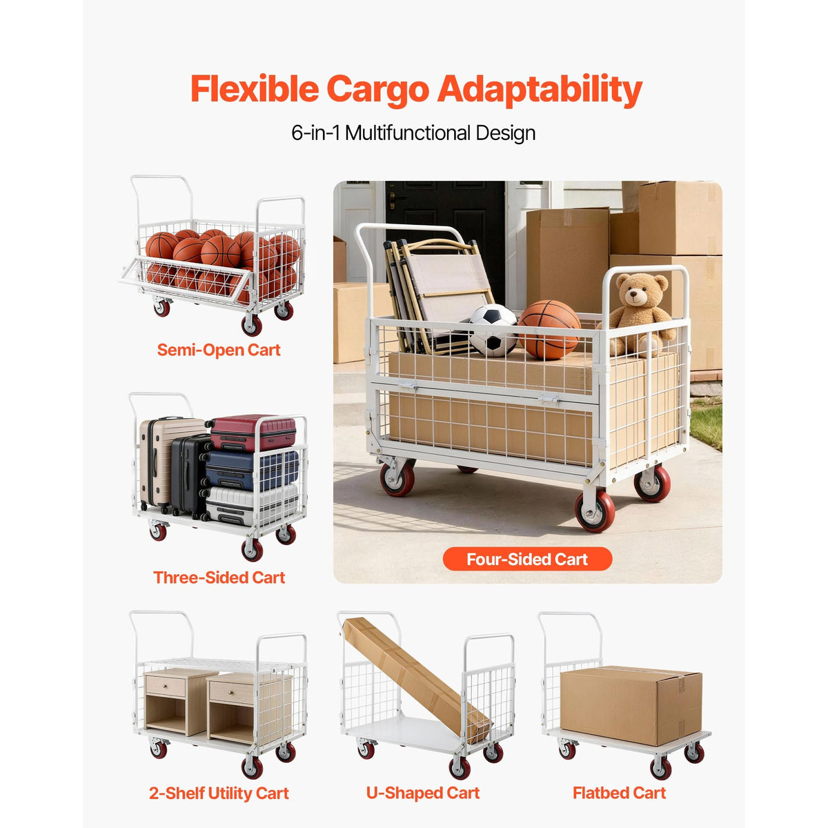 Platform Truck Cart with Cage, 2000 lbs Capacity, 6-in-1 Foldable Flatbed Cart with Swivel Wheels, Heavy Duty Hand Truck, Multi-Functional Push Dolly, for Grocery Laundry, 44.5 x 26.6 x 42.1 in