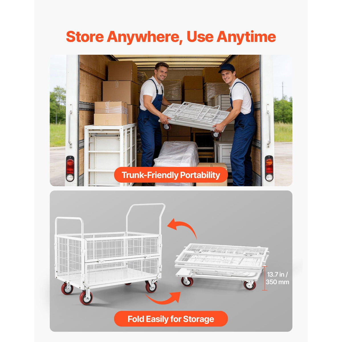 Platform Truck Cart with Cage, 2000 lbs Capacity, 6-in-1 Foldable Flatbed Cart with Swivel Wheels, Heavy Duty Hand Truck, Multi-Functional Push Dolly, for Grocery Laundry, 44.5 x 26.6 x 42.1 in
