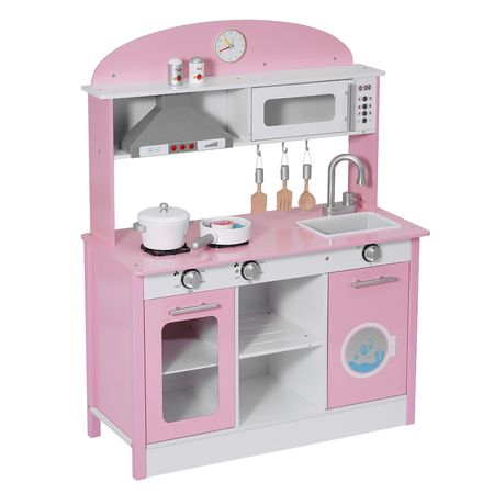 Play Kitchen for Kids, Wooden, Kids Kitchen Playset with Real Lights & Sounds, Food & Cookware Accessories, Pretend Play Toy Set, Range Hood, Microwave, for Toddlers, Girls & Boys Ages 3-8, Pink