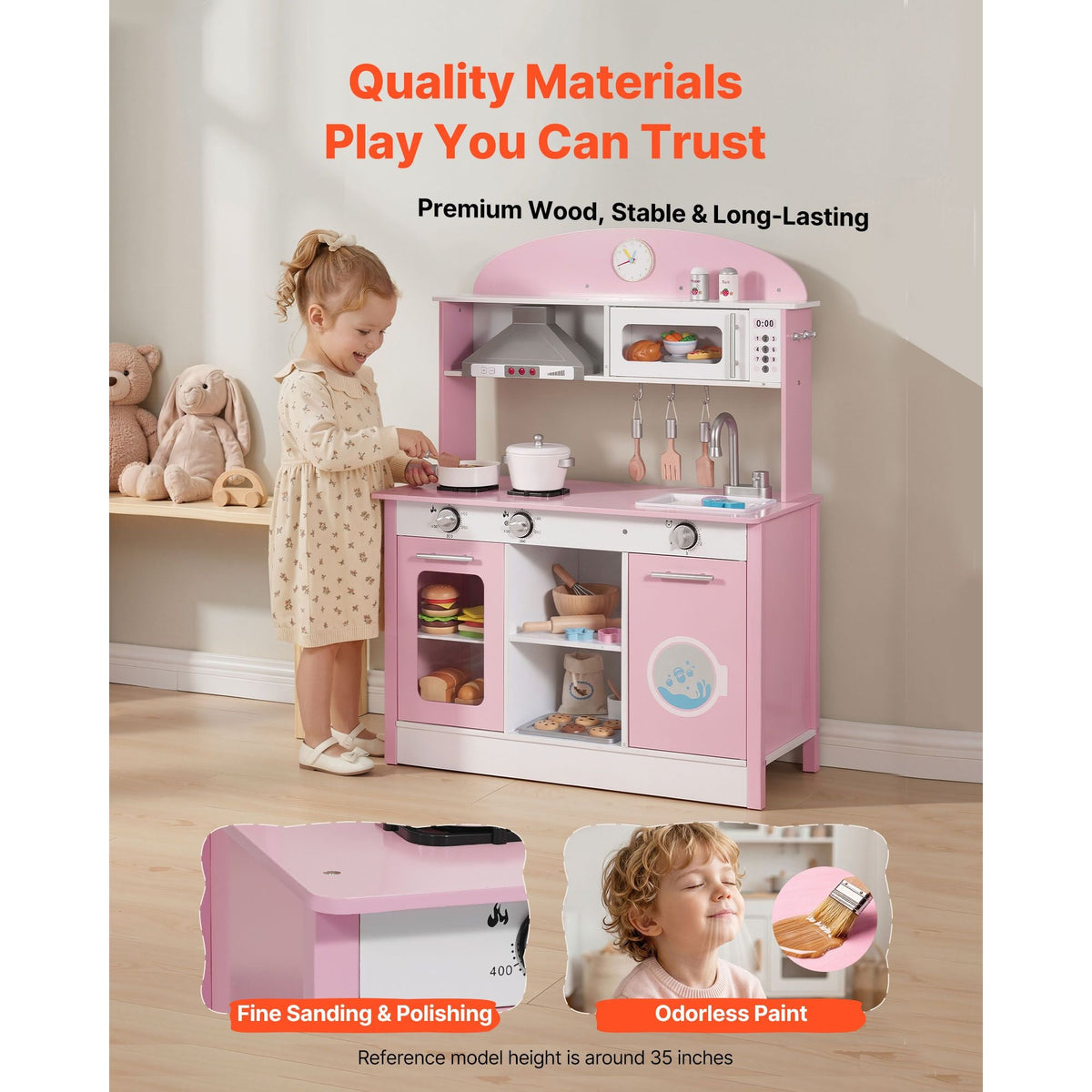 Play Kitchen for Kids, Wooden, Kids Kitchen Playset with Real Lights & Sounds, Food & Cookware Accessories, Pretend Play Toy Set, Range Hood, Microwave, for Toddlers, Girls & Boys Ages 3-8, Pink