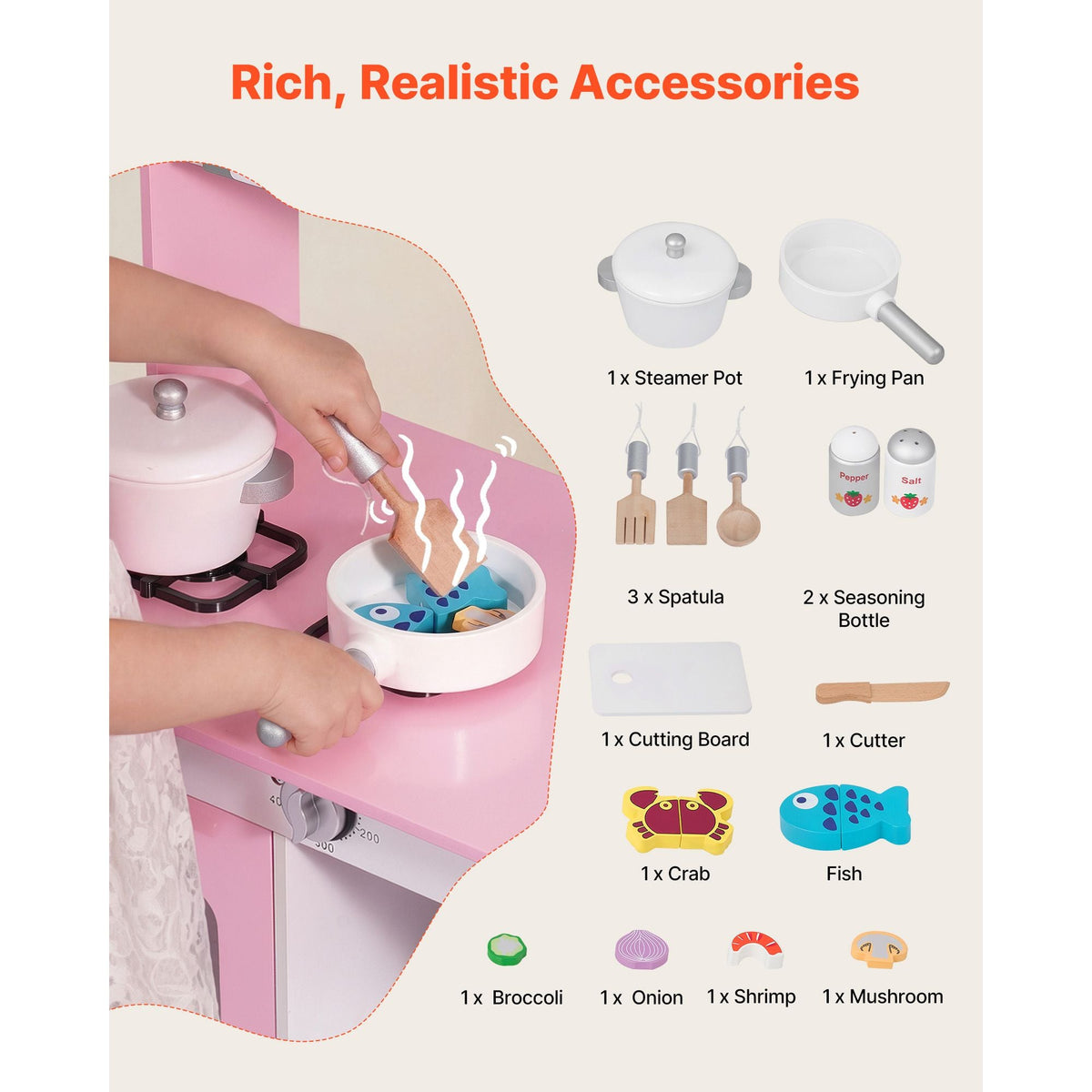 Play Kitchen for Kids, Wooden, Kids Kitchen Playset with Real Lights & Sounds, Food & Cookware Accessories, Pretend Play Toy Set, Range Hood, Microwave, for Toddlers, Girls & Boys Ages 3-8, Pink