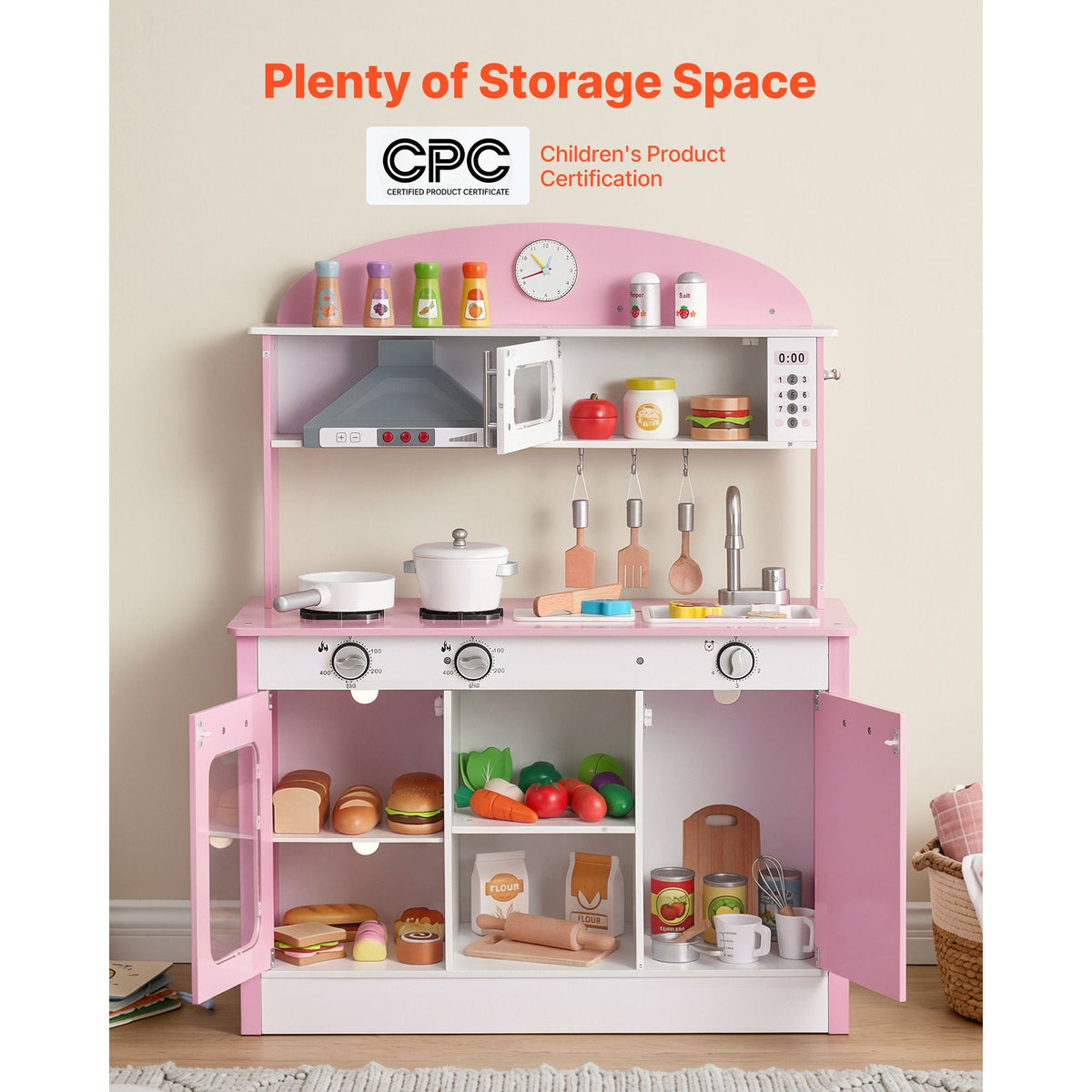Play Kitchen for Kids, Wooden, Kids Kitchen Playset with Real Lights & Sounds, Food & Cookware Accessories, Pretend Play Toy Set, Range Hood, Microwave, for Toddlers, Girls & Boys Ages 3-8, Pink