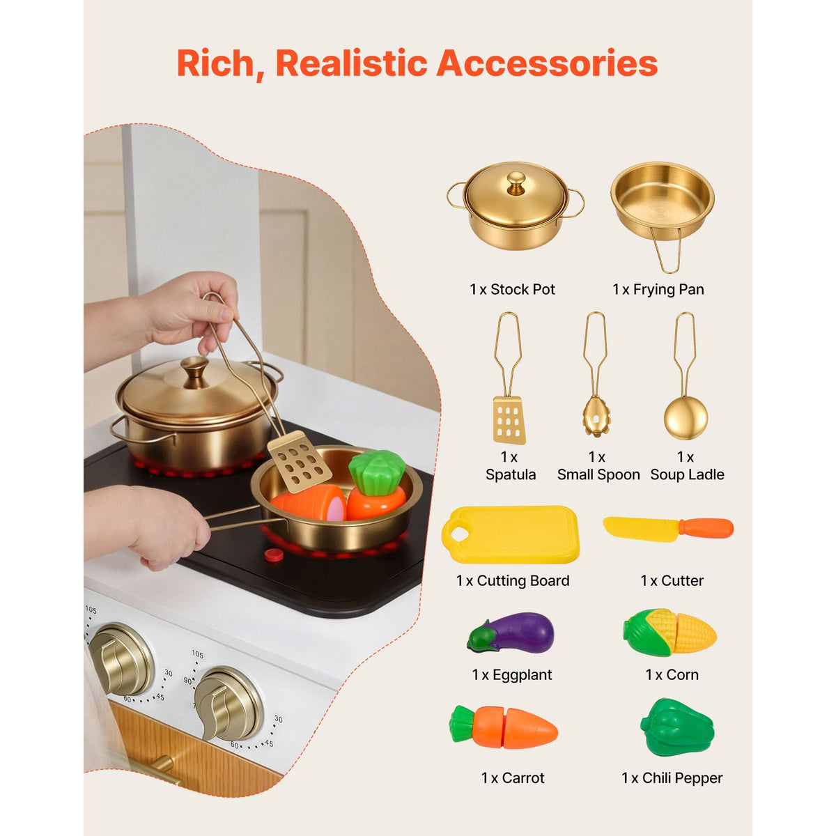 Play Kitchen for Kids, Wooden, Kids Kitchen Playset with Real Lights & Sounds, Food & Cookware Accessories, Pretend Play Toy Set, Sink, Oven, Stove, Cabinet, for Toddlers, Girls & Boys Ages 3-8