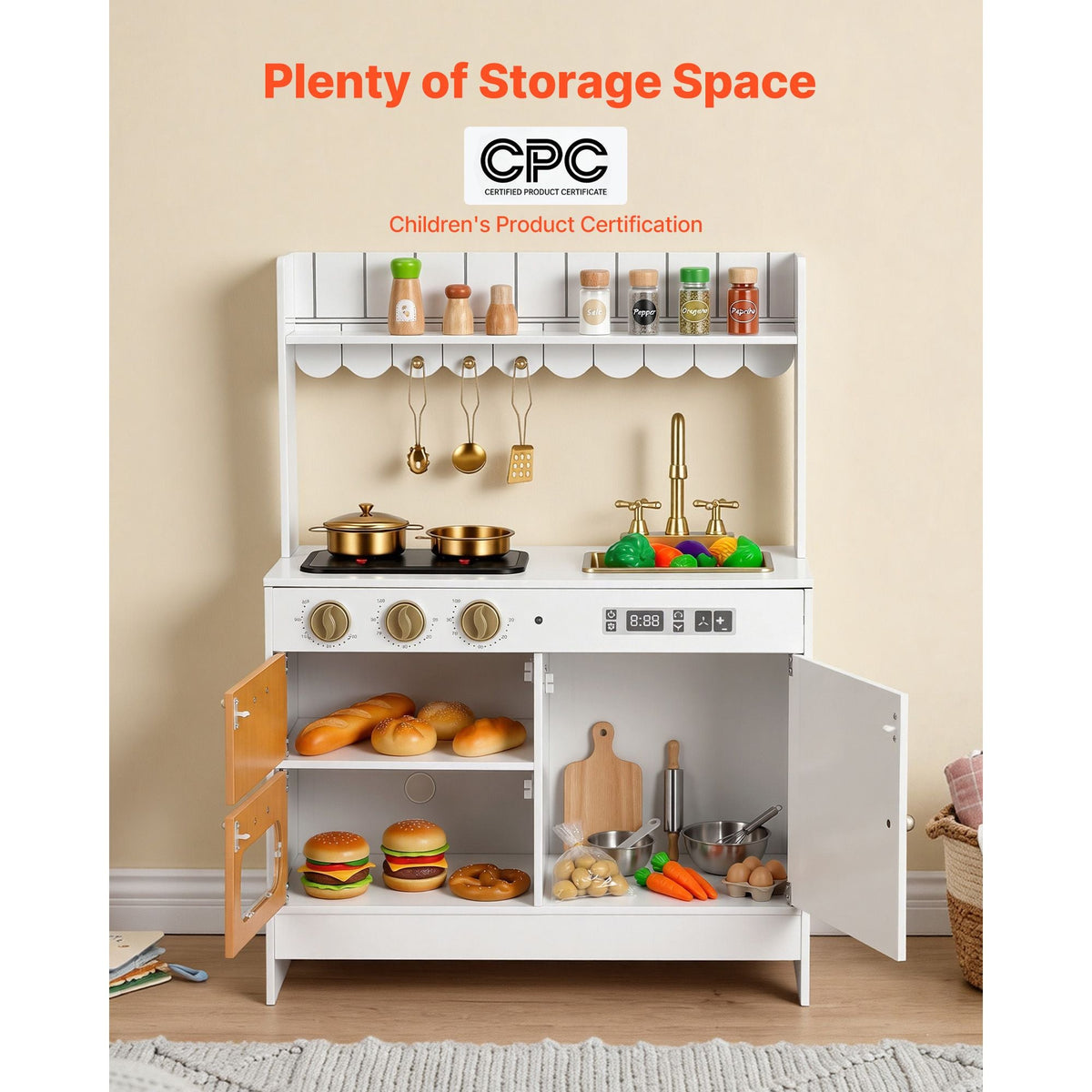 Play Kitchen for Kids, Wooden, Kids Kitchen Playset with Real Lights & Sounds, Food & Cookware Accessories, Pretend Play Toy Set, Sink, Oven, Stove, Cabinet, for Toddlers, Girls & Boys Ages 3-8