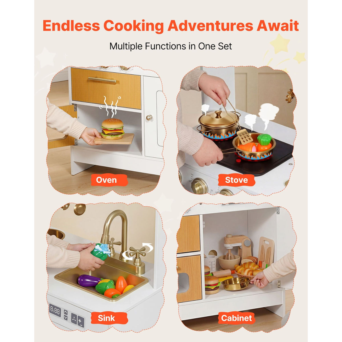 Play Kitchen for Kids, Wooden, Kids Kitchen Playset with Real Lights & Sounds, Food & Cookware Accessories, Pretend Play Toy Set, Sink, Oven, Stove, Cabinet, for Toddlers, Girls & Boys Ages 3-8