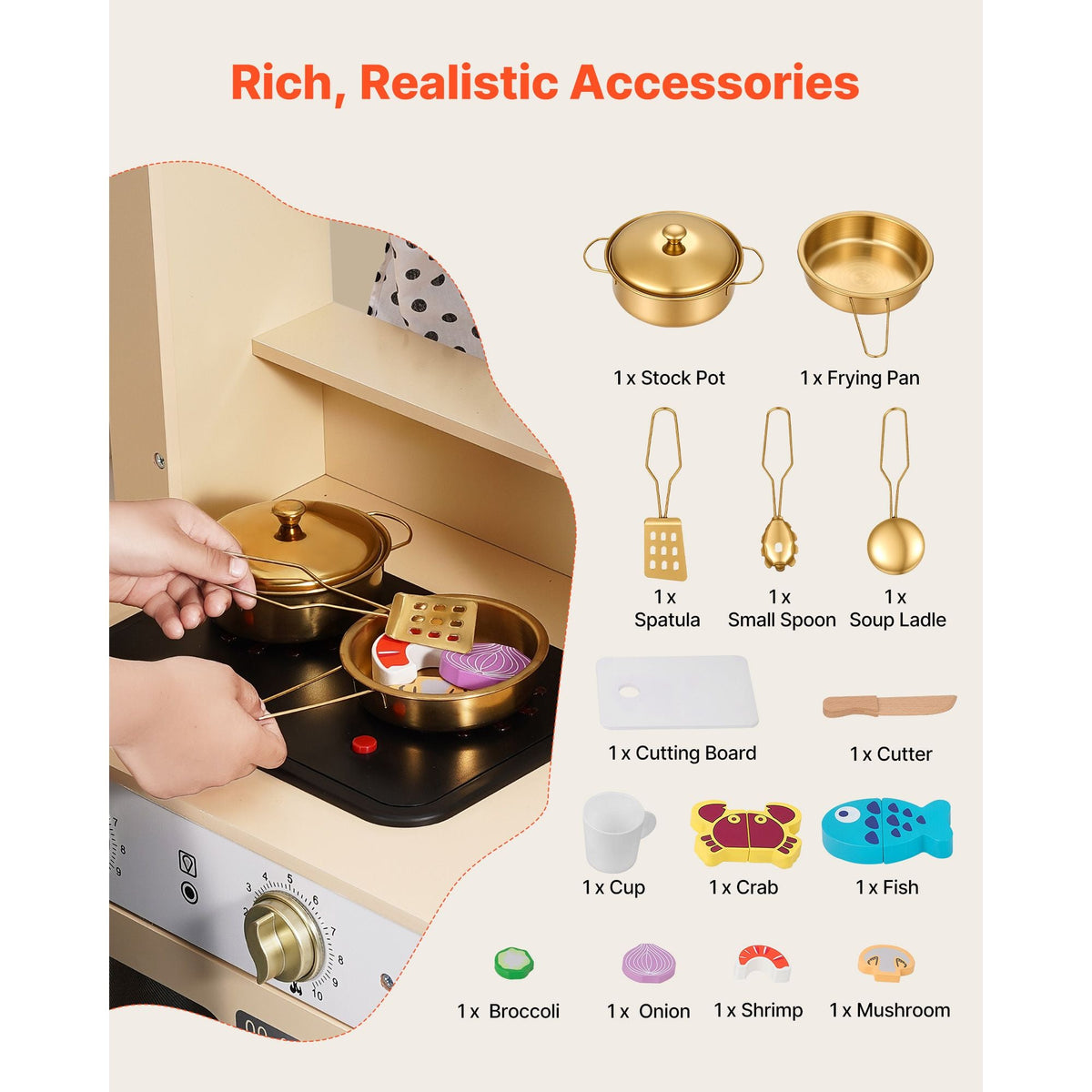 Play Kitchen for Kids, Wooden, Kids Kitchen Playset with Realistic Lights & Sounds, Food & Cookware, Modern Style Pretend Play Toy Set, Ice Maker, Microwave, for Toddlers, Girls & Boys Ages 3-8