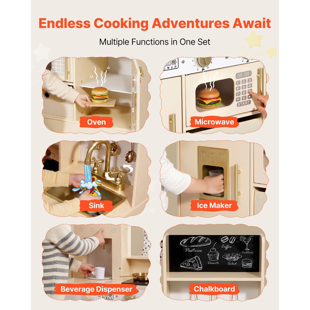 Play Kitchen for Kids, Wooden, Kids Kitchen Playset with Realistic Lights & Sounds, Food & Cookware, Modern Style Pretend Play Toy Set, Ice Maker, Microwave, for Toddlers, Girls & Boys Ages 3-8