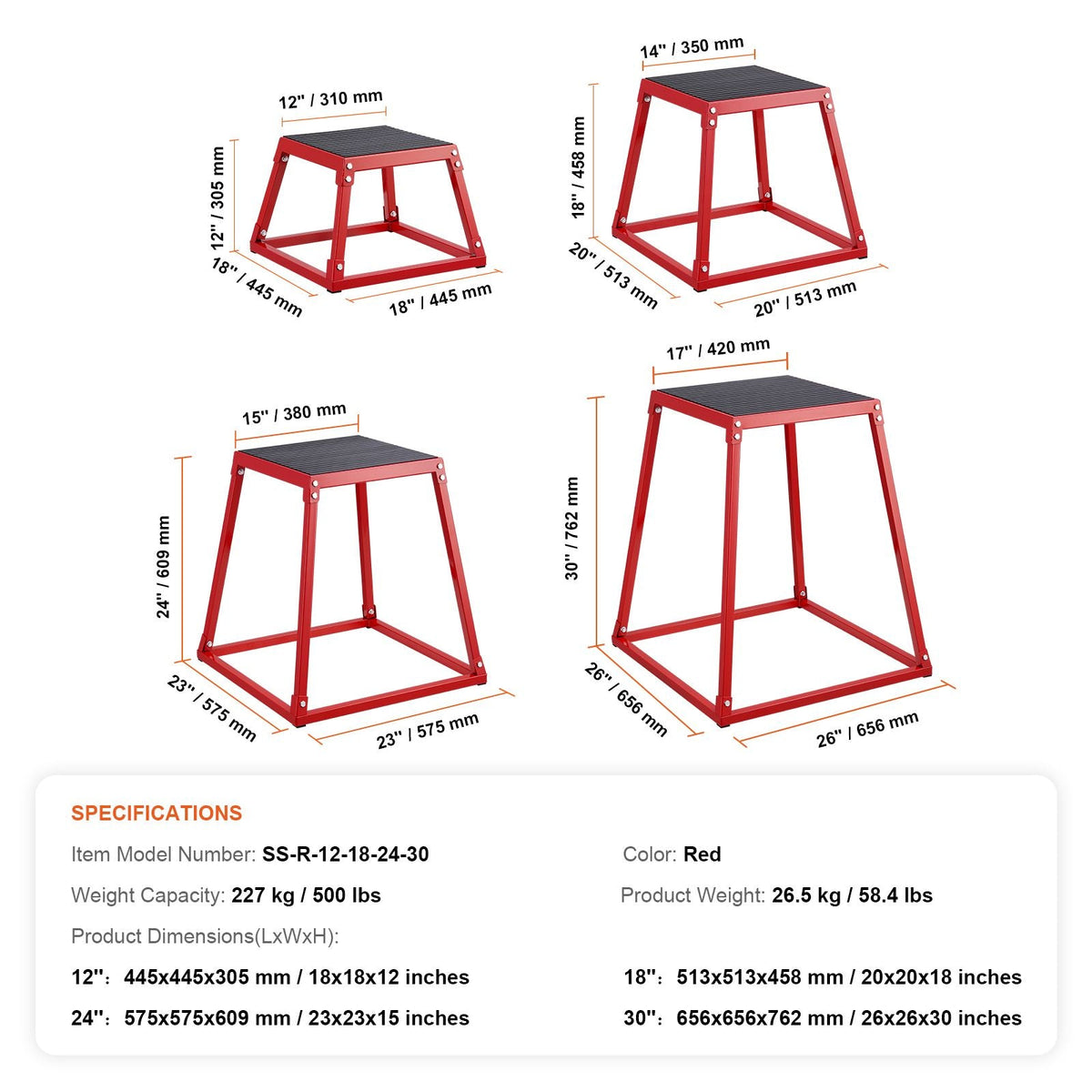 Plyometric Jump Boxes, 12/18/24/30 Inch Plyo Box, Platform and Jumping Agility Box, Anti-Slip Fitness Exercise Step Up Box Set for Home Gym Training, Conditioning Strength Training, Red