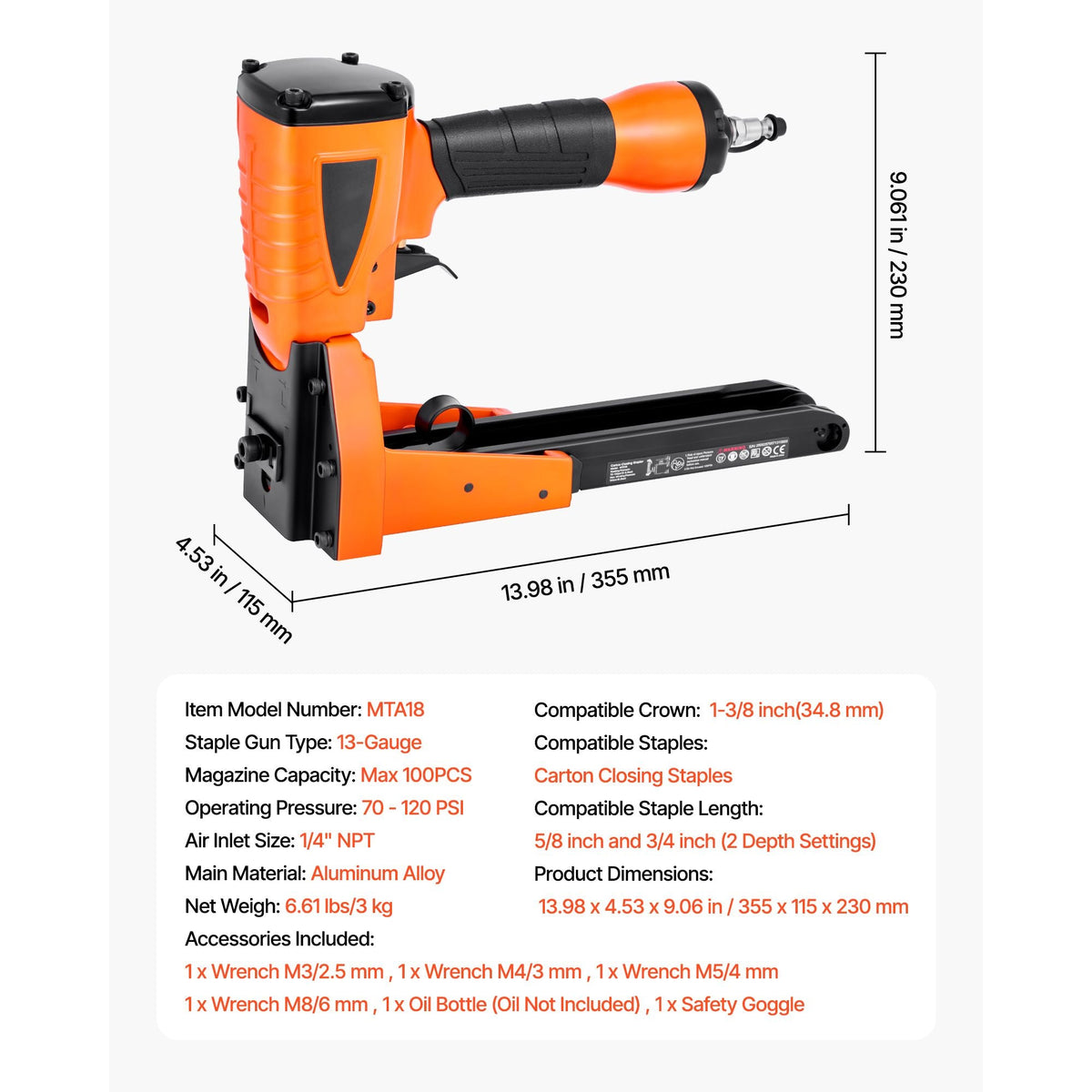 Pneumatic Carton Closing Stapler, 13 Gauge Pneumatic Cardboard Staple Gun for 1-3/8 inch Crown 5/8" & 3/4" Length, Depth-Adjustable 70-120 PSI Air Staple Gun for Boxes Carton Closing, Packaging