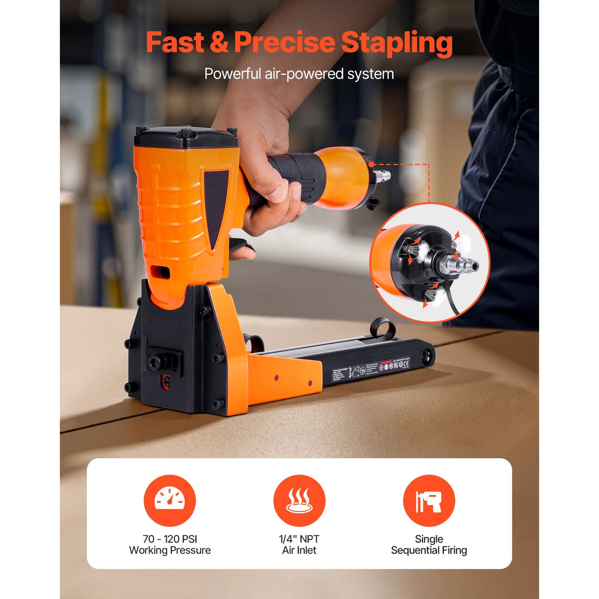 Pneumatic Carton Closing Stapler, 13 Gauge Pneumatic Cardboard Staple Gun for 1-3/8 inch Crown 5/8" & 3/4" Length, Depth-Adjustable 70-120 PSI Air Staple Gun for Boxes Carton Closing, Packaging