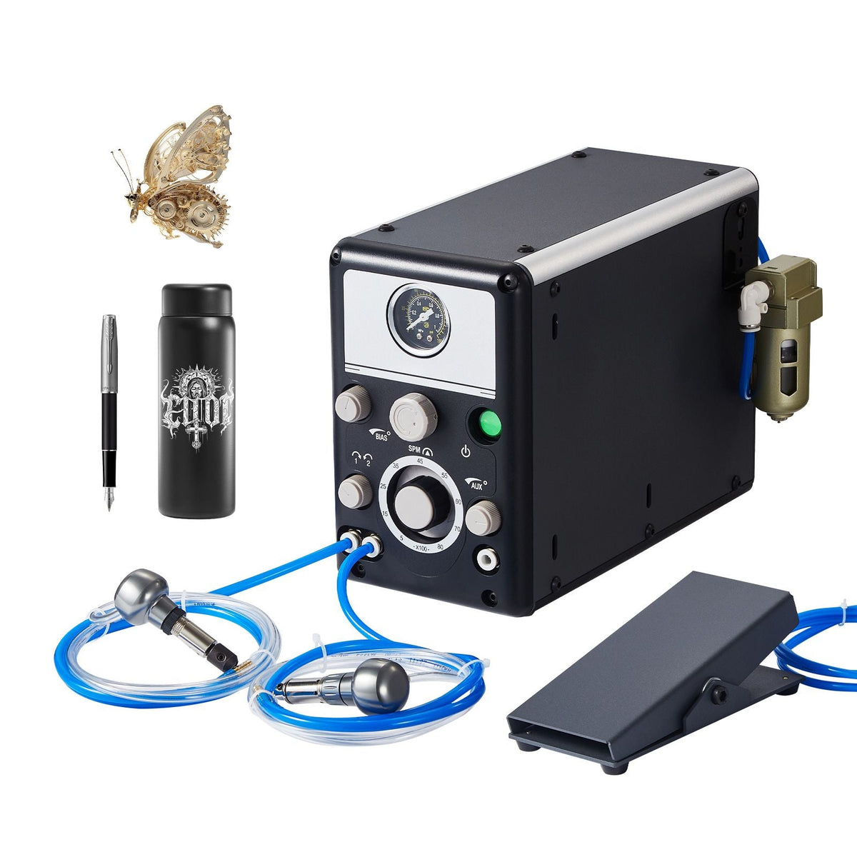 Pneumatic Jewelry Engraver, 1200-6000 RPM Adjustable, 60W Dual Head Pneumatic Engraving Machine, DIY Impact Engraver with Small Pedal, Stone Setting Tools Engraver for Jewelry & Metal Crafting