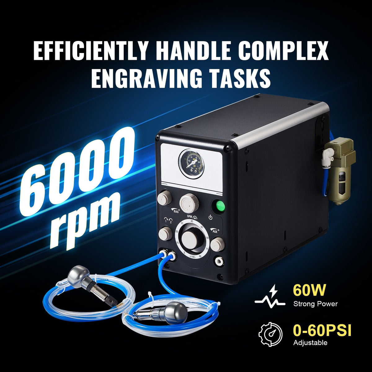 Pneumatic Jewelry Engraver, 1200-6000 RPM Adjustable, 60W Dual Head Pneumatic Engraving Machine, DIY Impact Engraver with Small Pedal, Stone Setting Tools Engraver for Jewelry & Metal Crafting