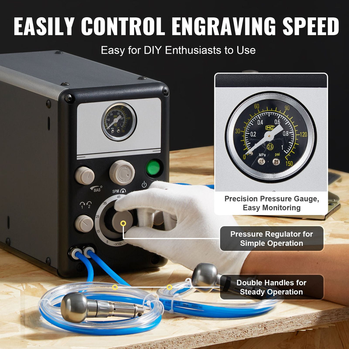 Pneumatic Jewelry Engraver, 1200-6000 RPM Adjustable, 60W Dual Head Pneumatic Engraving Machine, DIY Impact Engraver with Small Pedal, Stone Setting Tools Engraver for Jewelry & Metal Crafting