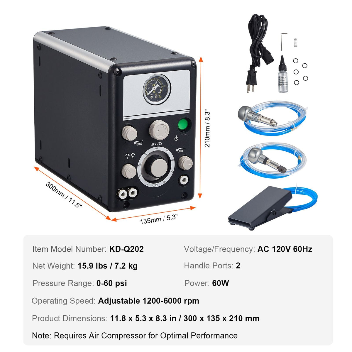 Pneumatic Jewelry Engraver, 1200-6000 RPM Adjustable, 60W Dual Head Pneumatic Engraving Machine, DIY Impact Engraver with Small Pedal, Stone Setting Tools Engraver for Jewelry & Metal Crafting