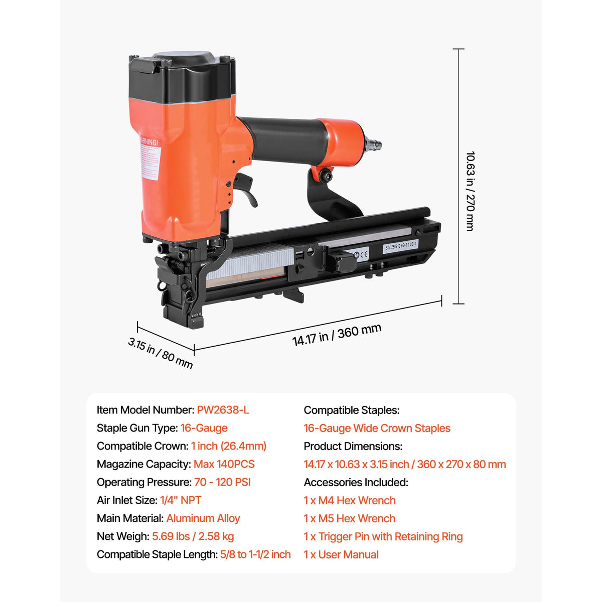 Pneumatic Staple Gun, 16 Gauge 1-inch Wide Crown Pneumatic Stapler 5/8" to 1-1/2" Length, 70-120PSI Air Staple Gun with Two Firing Modes for Roof Decking, Wall Sheathing, Fencing, Subflooring