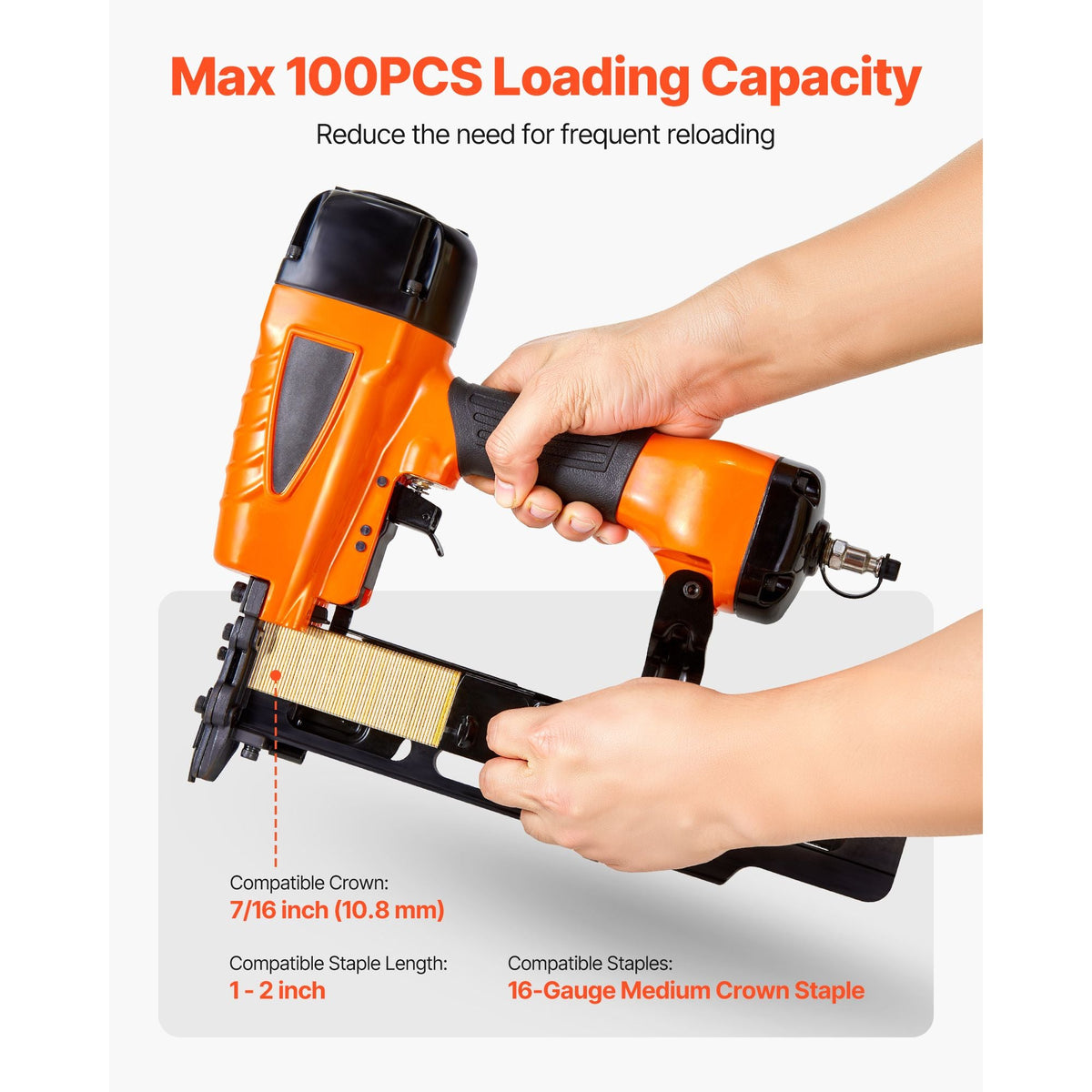 Pneumatic Staple Gun, 16 Gauge 7/16-inch Medium Crown Pneumatic Stapler 1" to 2" Length, 70-120PSI Heavy Duty Air-Powered Staple Gun for Roof Decking, Wall Sheathing, Fencing and Subflooring