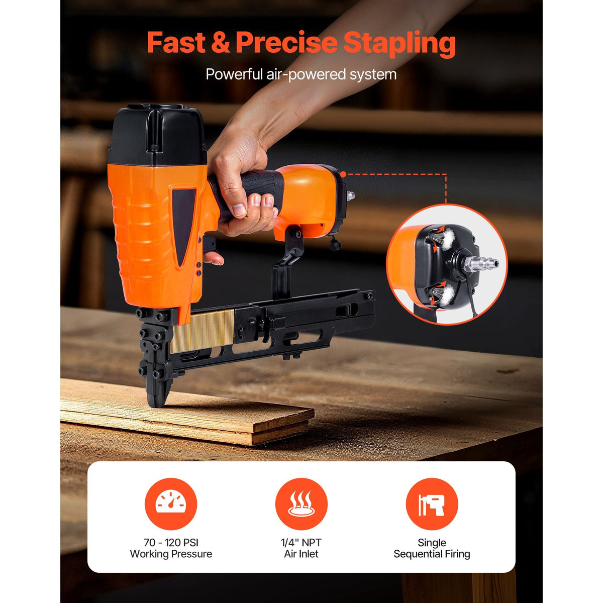 Pneumatic Staple Gun, 16 Gauge 7/16-inch Medium Crown Pneumatic Stapler 1" to 2" Length, 70-120PSI Heavy Duty Air-Powered Staple Gun for Roof Decking, Wall Sheathing, Fencing and Subflooring