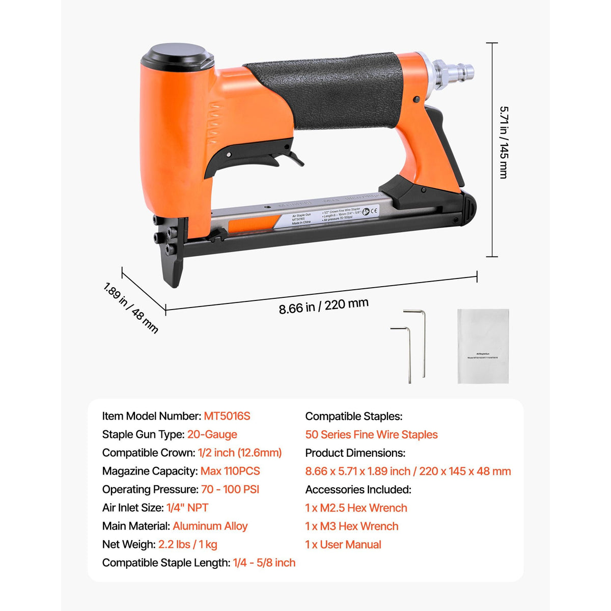 Pneumatic Staple Gun, 20 Gauge Air Upholstery Stapler for 50 Series Fine Wire Staples 1/2" Crown 1/4"-5/8" Length, Max 110PCS Loading Air Staple Gun for Upholstering, Woodworking, DIY Projects