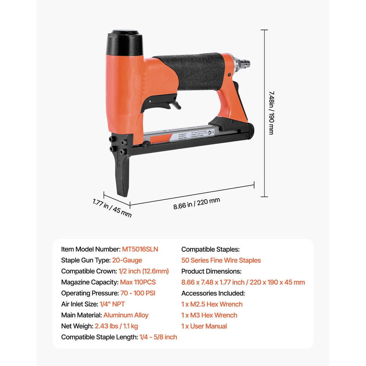 Pneumatic Staple Gun, 20 Gauge Long-Nose Upholstery Stapler for 50 Series Fine Wire Staples 1/2-inch Crown 1/4"-5/8" Length, Max 110PCS Loading Air Staple Gun for Upholstering, Woodworking, DIY