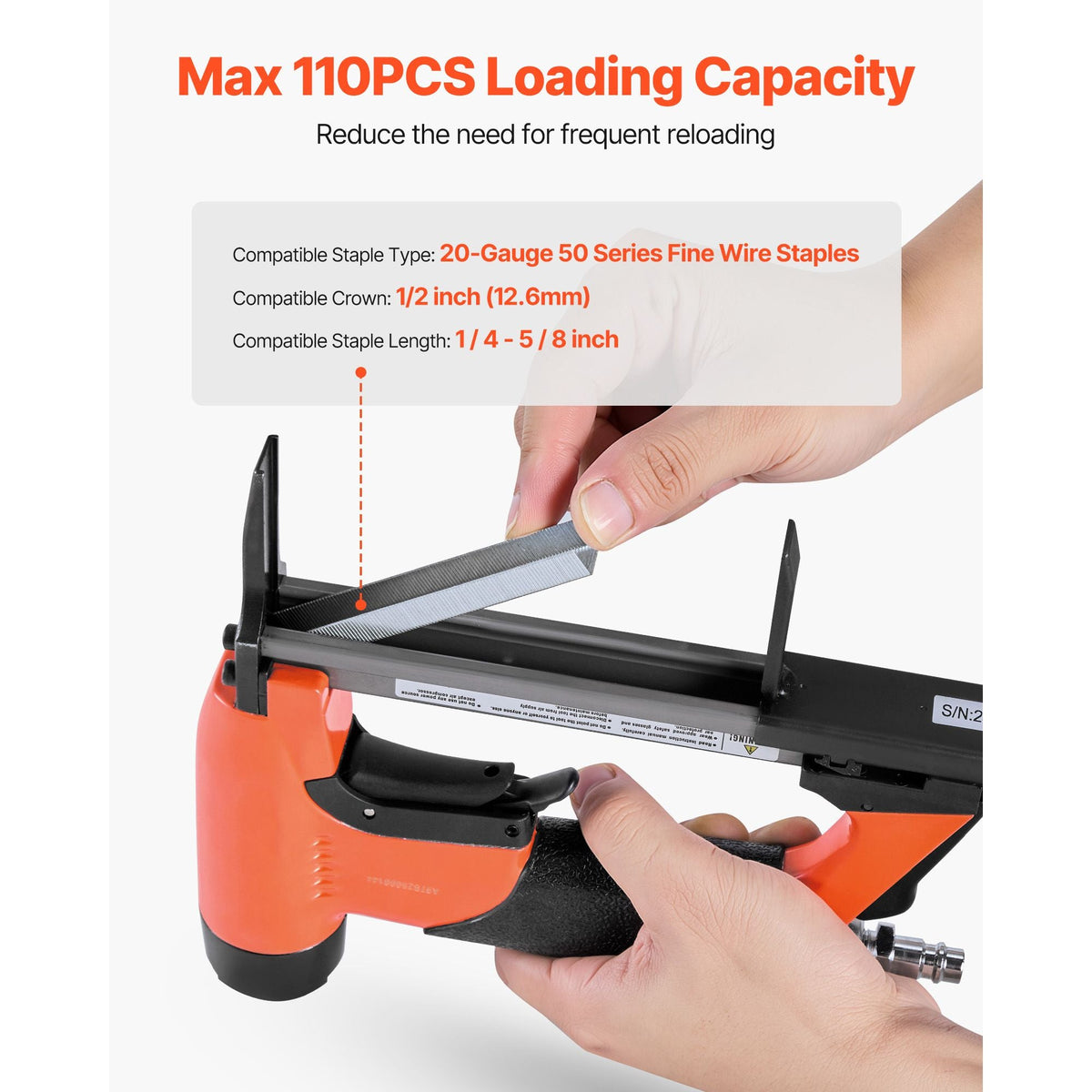Pneumatic Staple Gun, 20 Gauge Long-Nose Upholstery Stapler for 50 Series Fine Wire Staples 1/2-inch Crown 1/4"-5/8" Length, Max 110PCS Loading Air Staple Gun for Upholstering, Woodworking, DIY
