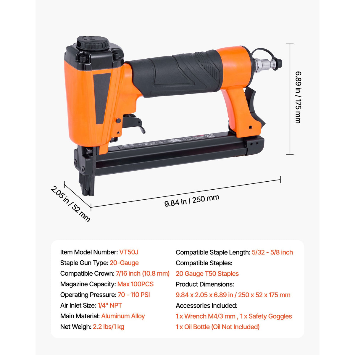 Pneumatic Staple Gun, 20 Gauge T50 Pneumatic Upholstery Stapler for 7/16" Crown 5/32"-5/8" Length Staples, 70-110 PSI Air Staple Gun for Woodworking, Upholstering, Fabric, Crafts, DIY Projects