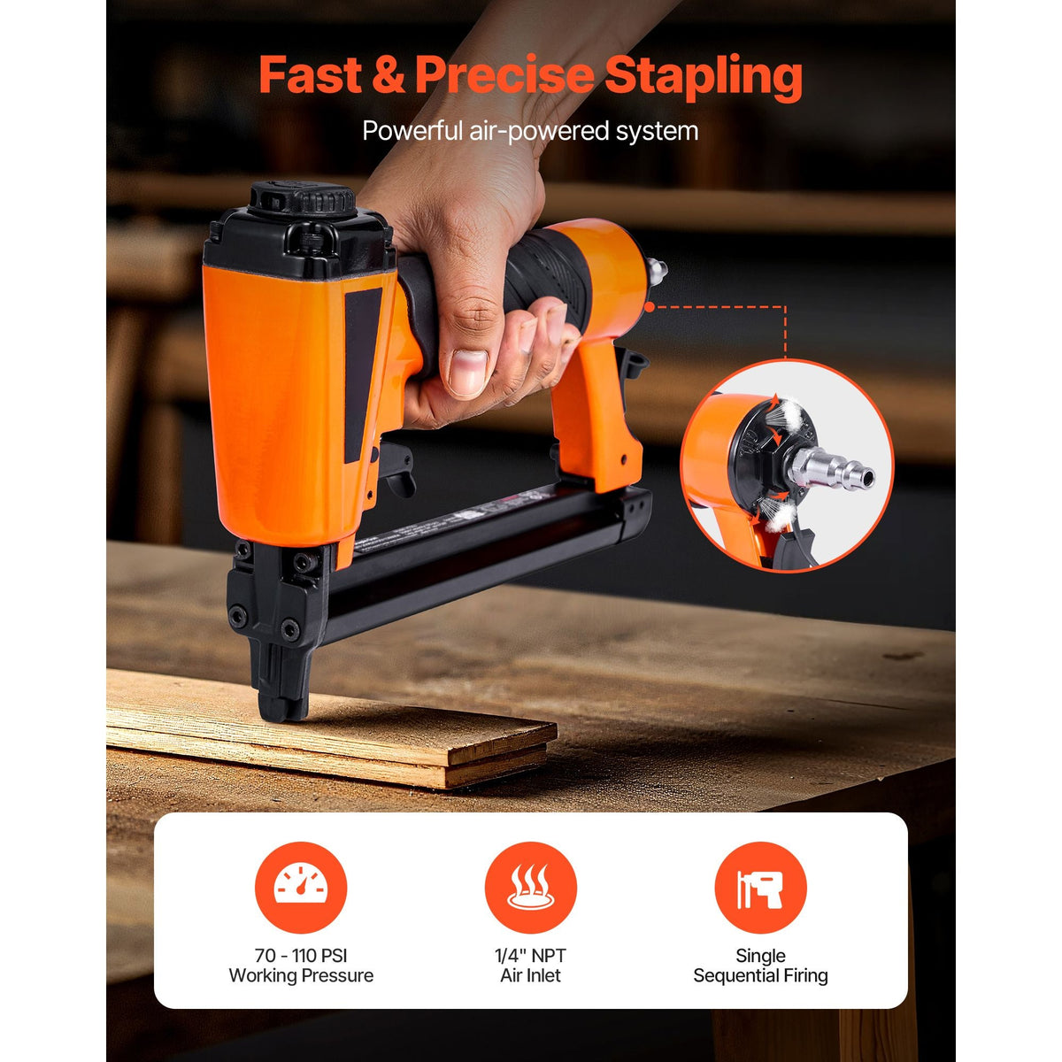 Pneumatic Staple Gun, 20 Gauge T50 Pneumatic Upholstery Stapler for 7/16" Crown 5/32"-5/8" Length Staples, 70-110 PSI Air Staple Gun for Woodworking, Upholstering, Fabric, Crafts, DIY Projects