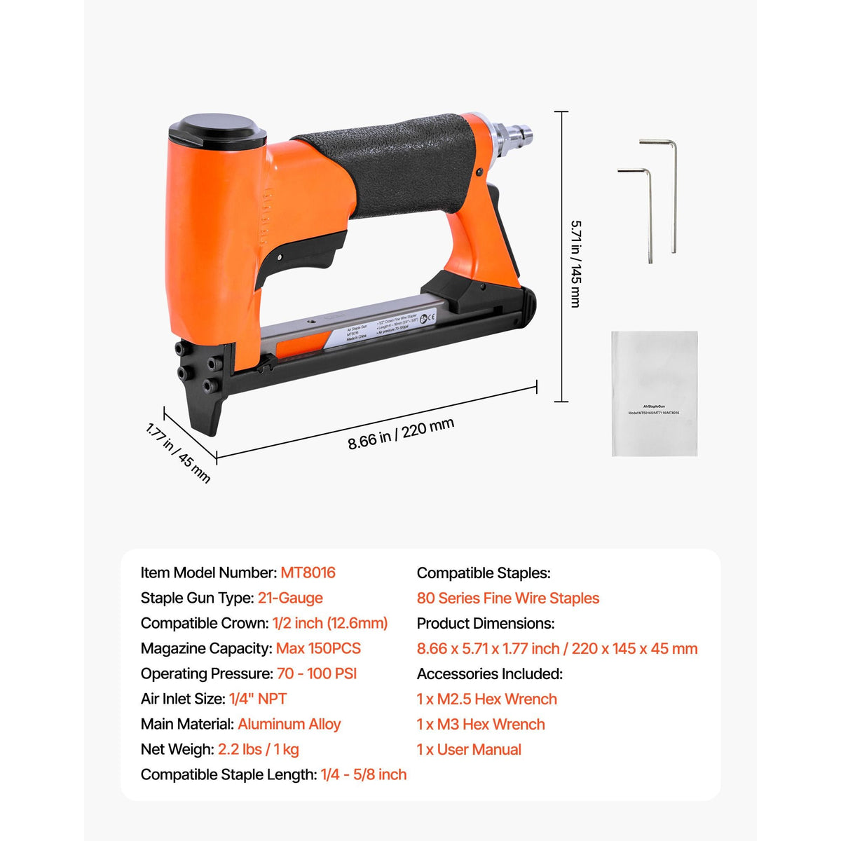 Pneumatic Staple Gun, 21 Gauge Air Upholstery Stapler for 80 Series Fine Wire Staples 1/2" Crown 1/4"-5/8" Length, Max 150PCS Loading Air Staple Gun for Upholstering, Woodworking, DIY Projects