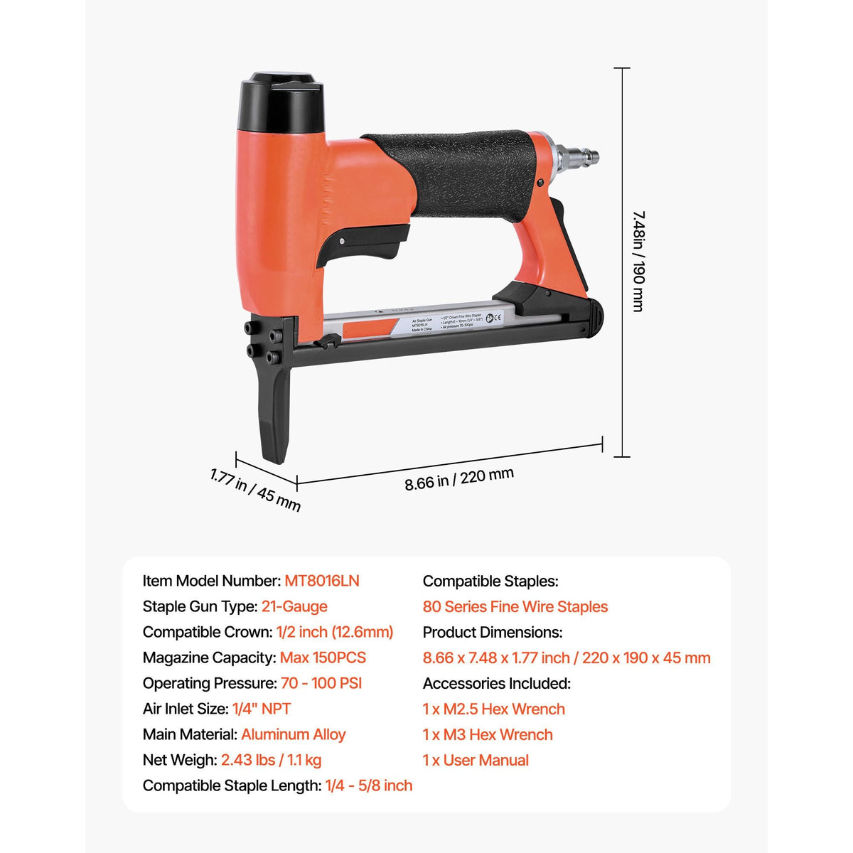 Pneumatic Staple Gun, 21 Gauge Long-Nose Upholstery Stapler for 80 Series Fine Wire Staples 1/2-inch Crown 1/4"-5/8" Length, Max 150PCS Loading Air Staple Gun for Upholstering, Woodworking, DIY